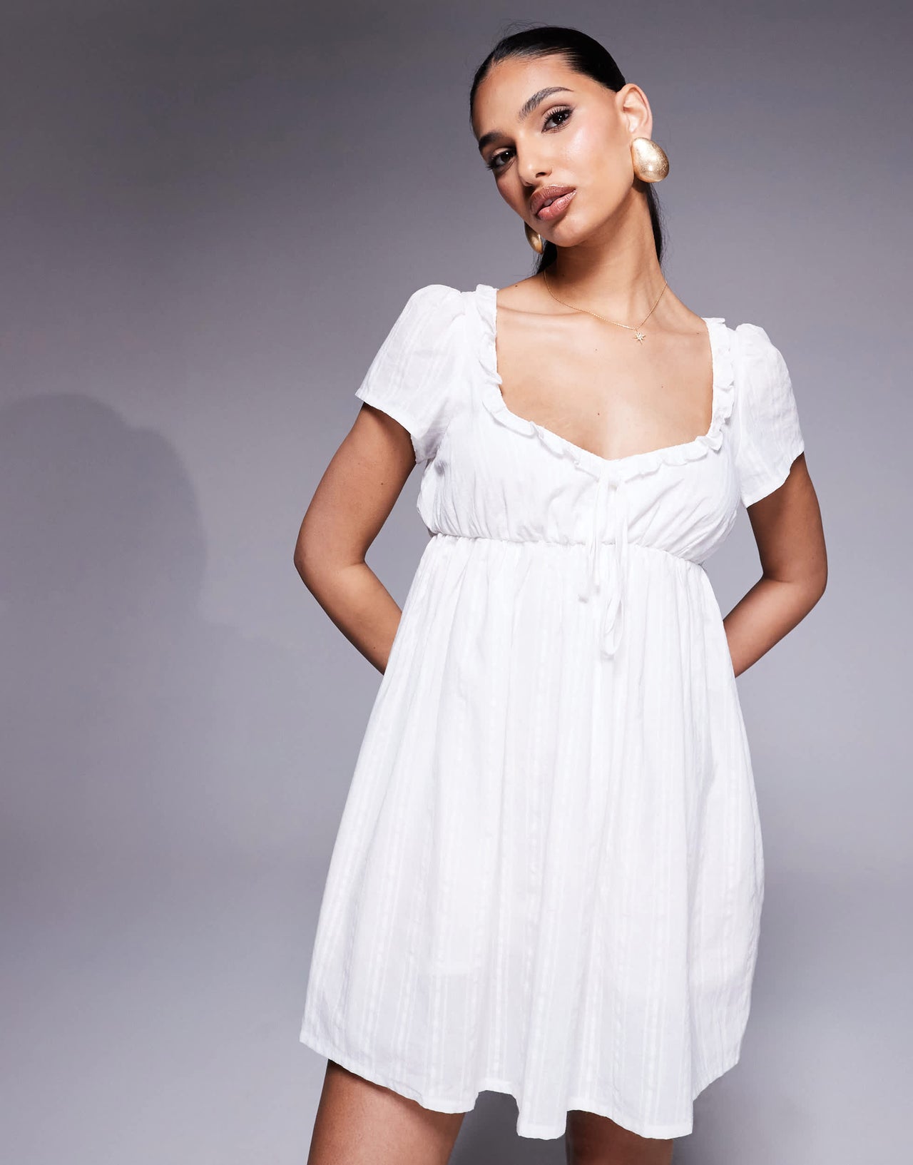 Princess Polly cotton puff sleeve sweetheart neckline tie detail mini dress in white