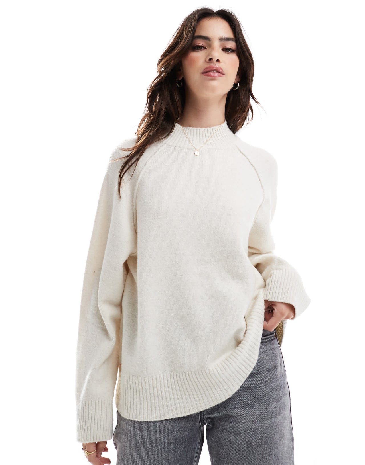 Stradivarius seam detail semi high neck jumper in ecru