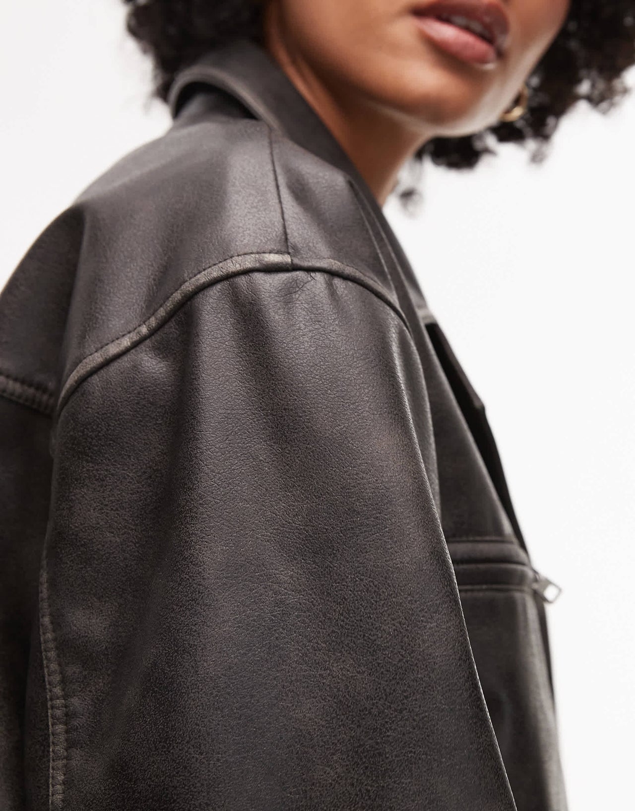 Topshop faux leather cropped button down jacket in washed black