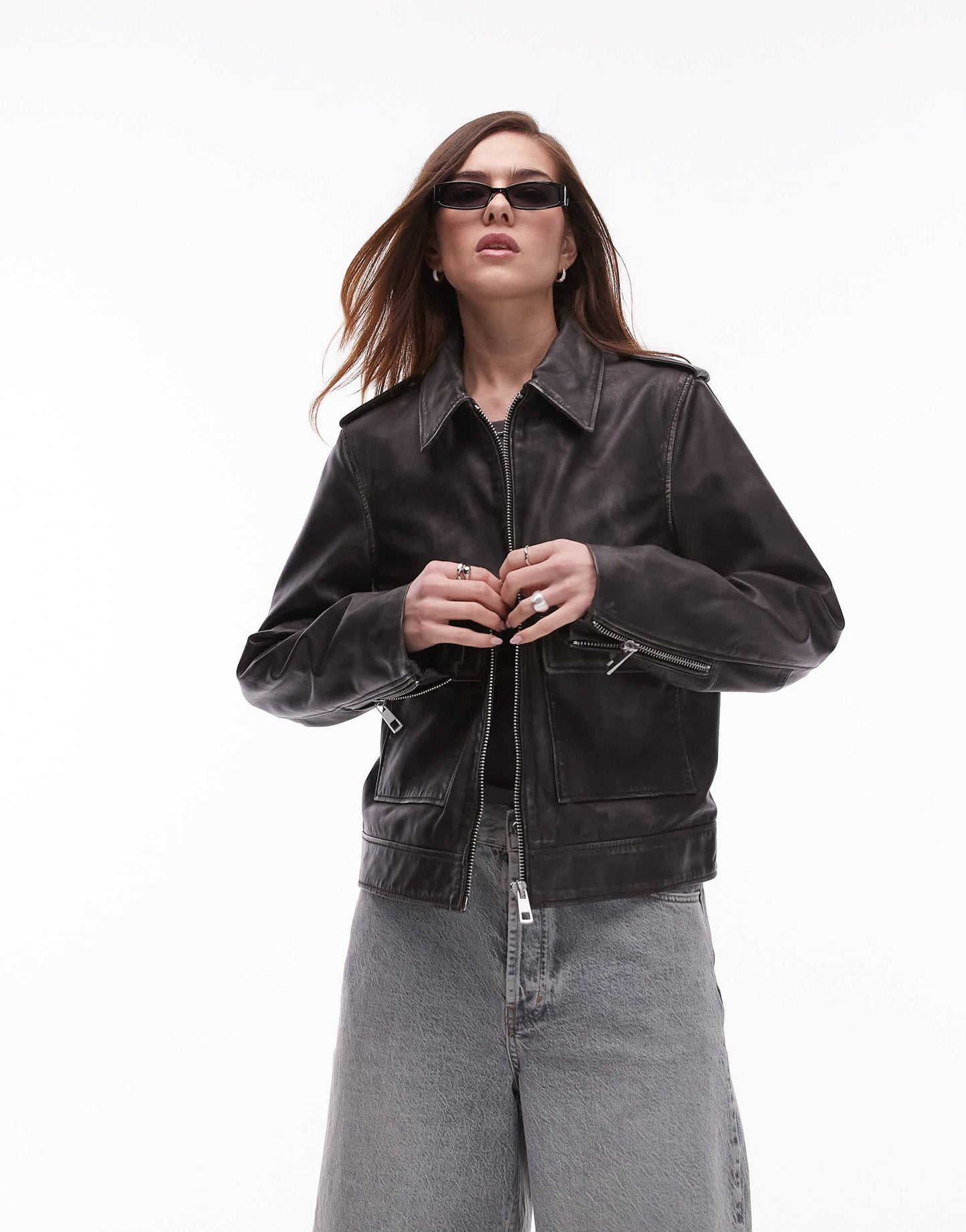 Topshop premium real leather zip through jacket in black