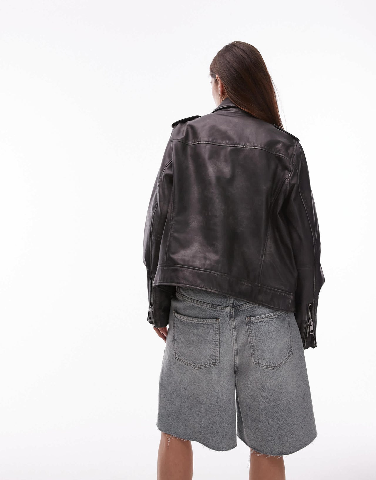 Topshop premium real leather zip through jacket in black