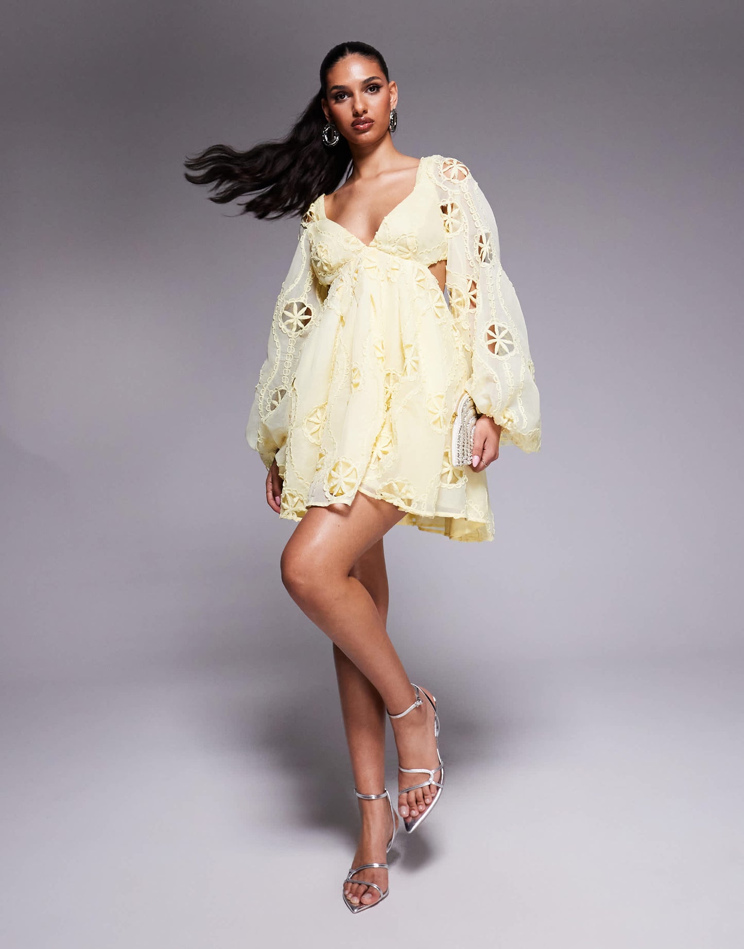 Bardot lace cut out mini dress in lemon