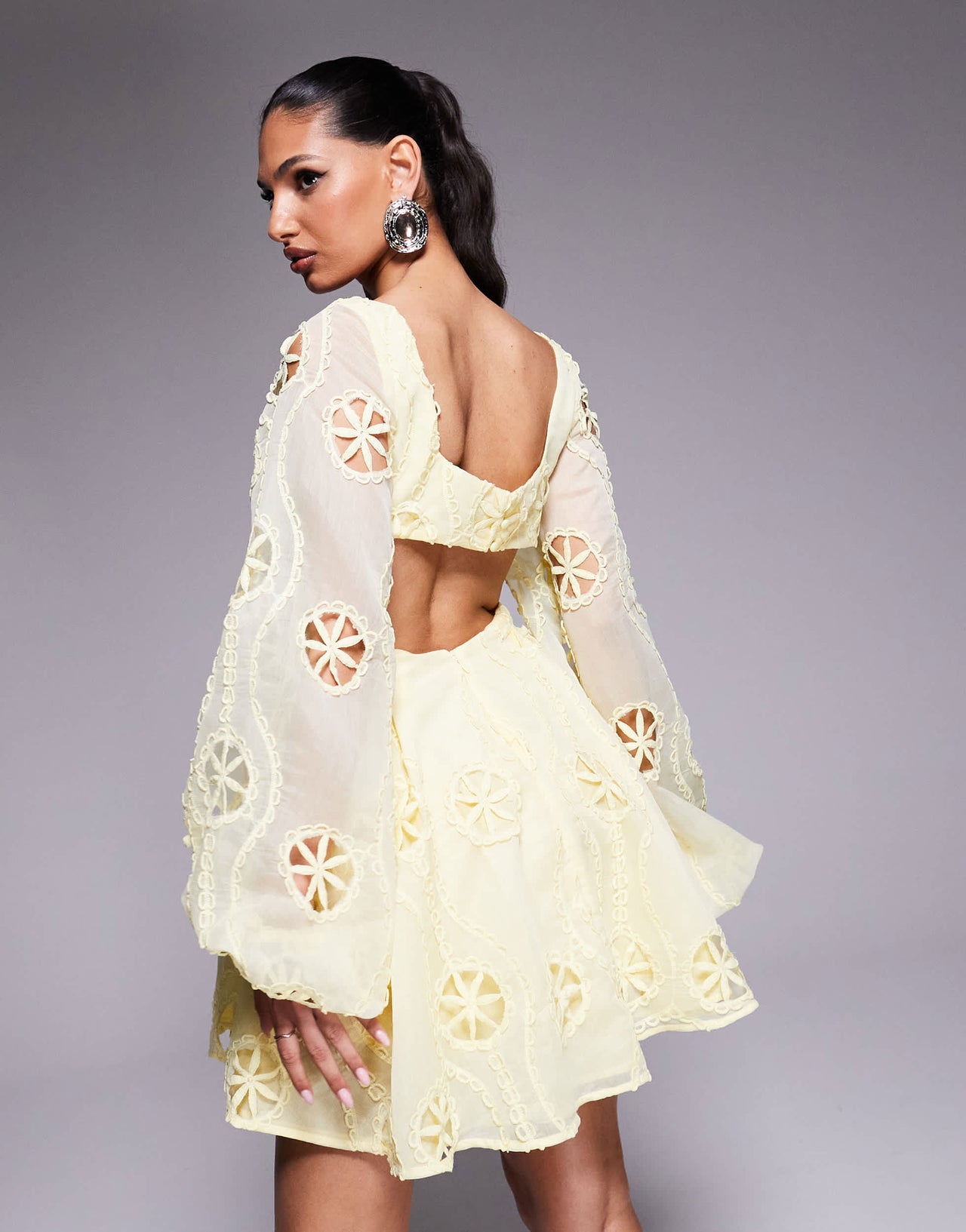 Bardot lace cut out mini dress in lemon