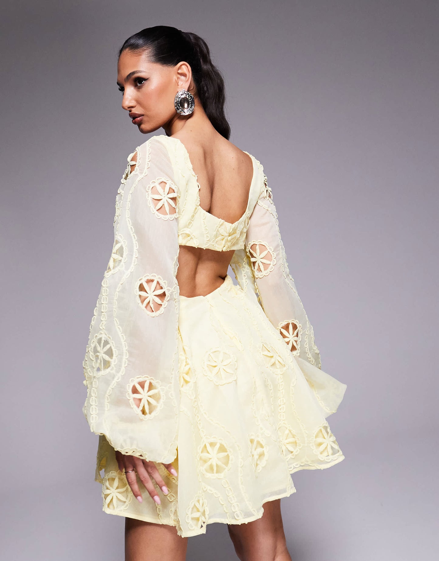 Bardot lace cut out mini dress in lemon