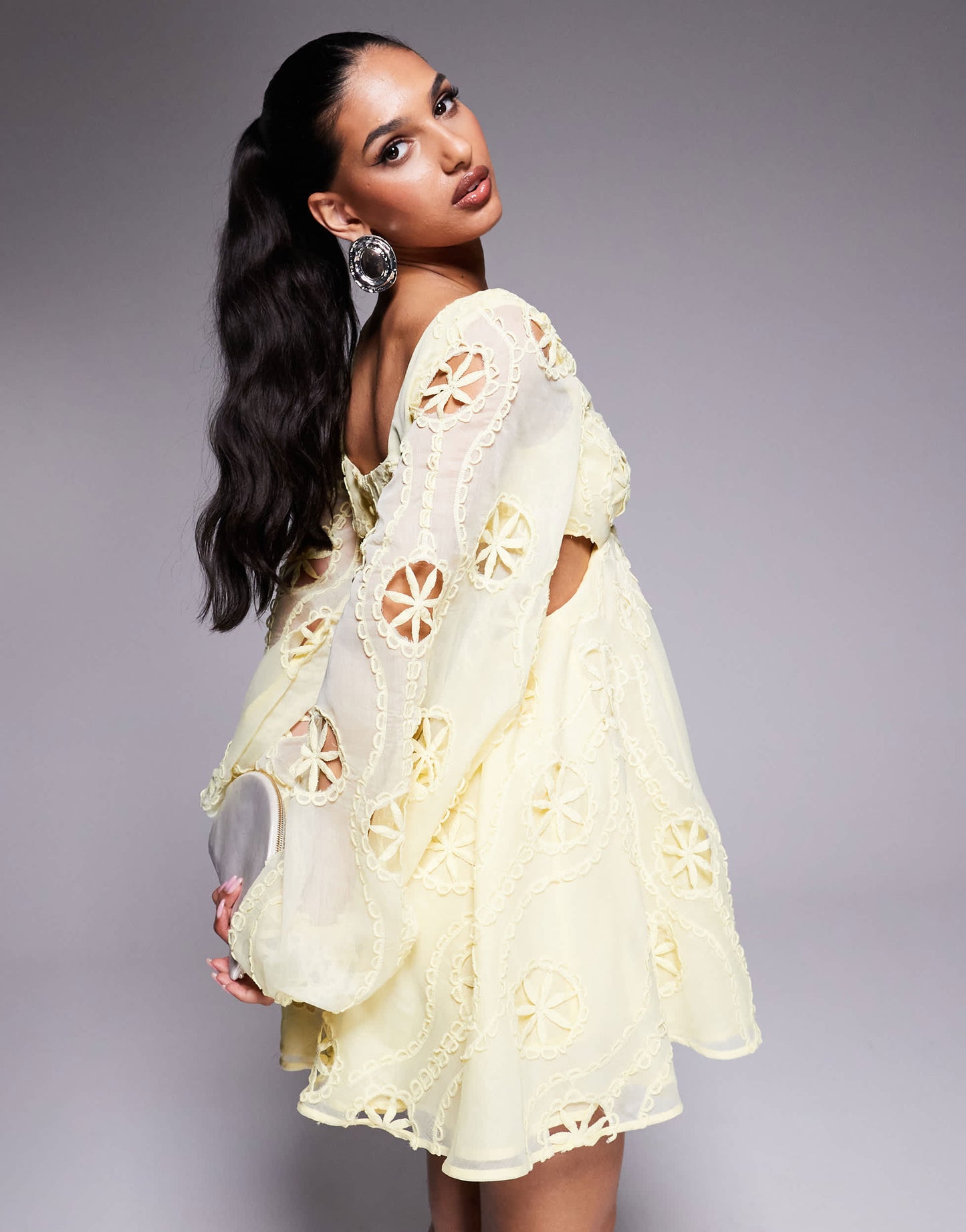 Bardot lace cut out mini dress in lemon