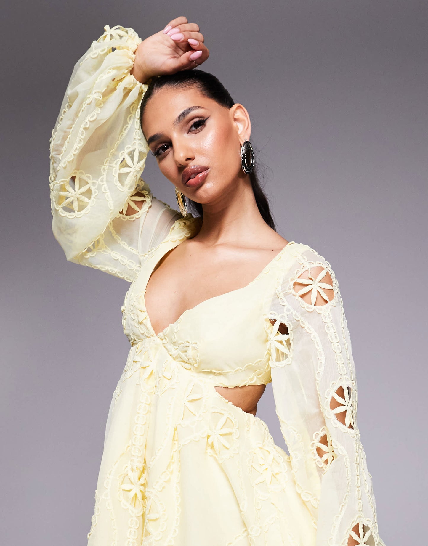Bardot lace cut out mini dress in lemon