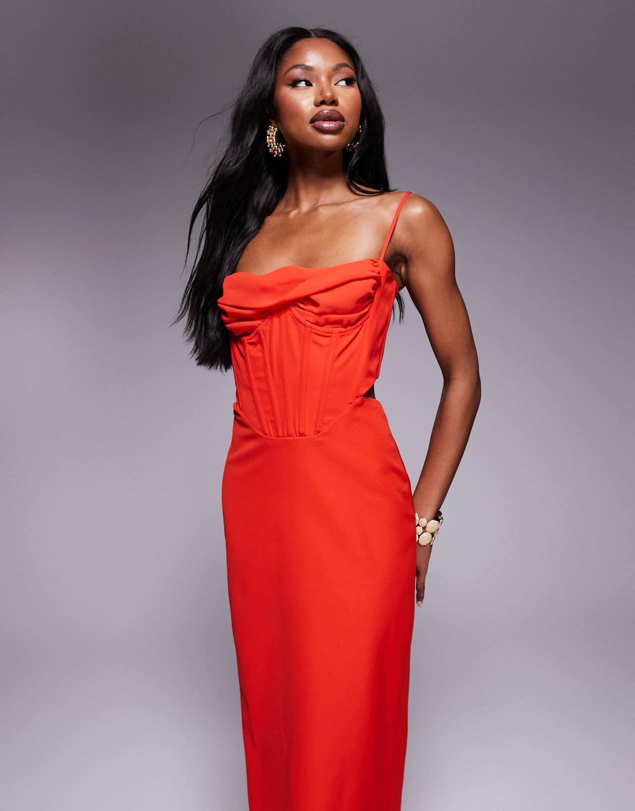 Bardot corset maxi dress in fire red