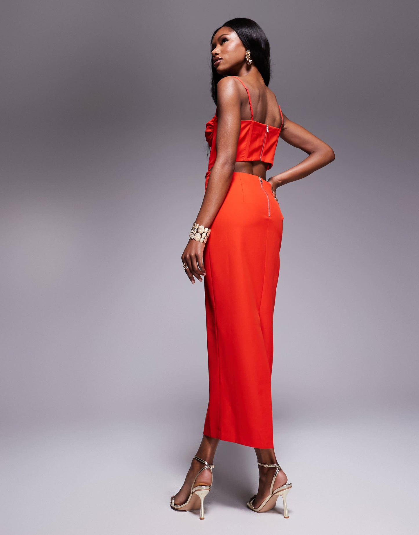 Bardot corset maxi dress in fire red