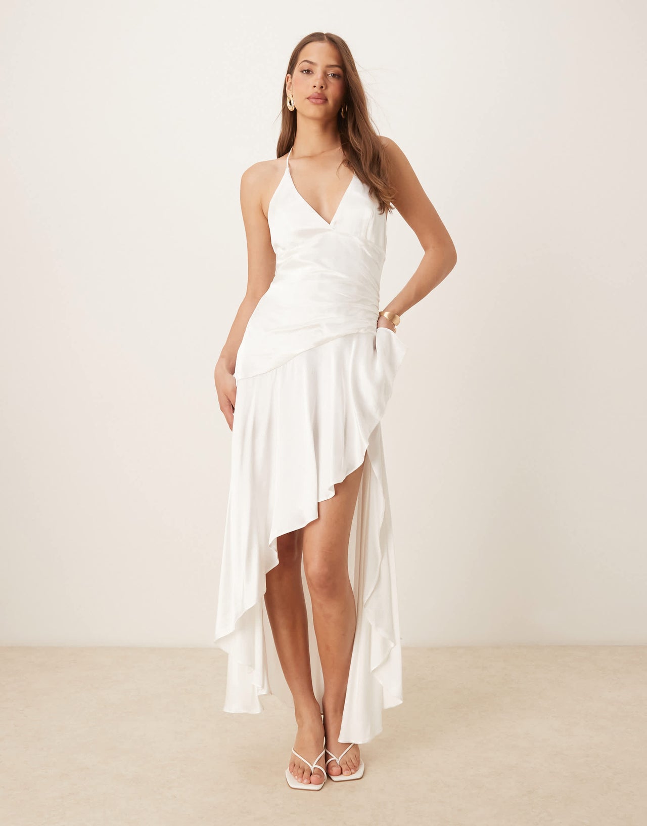 Bardot halter neck asymmetric midaxi in white