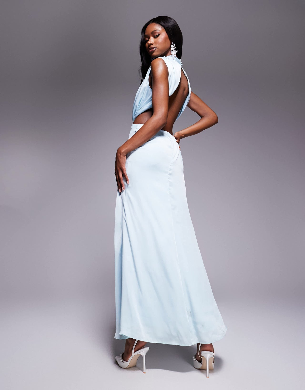 Bardot open back high neck maxi dress in aqua