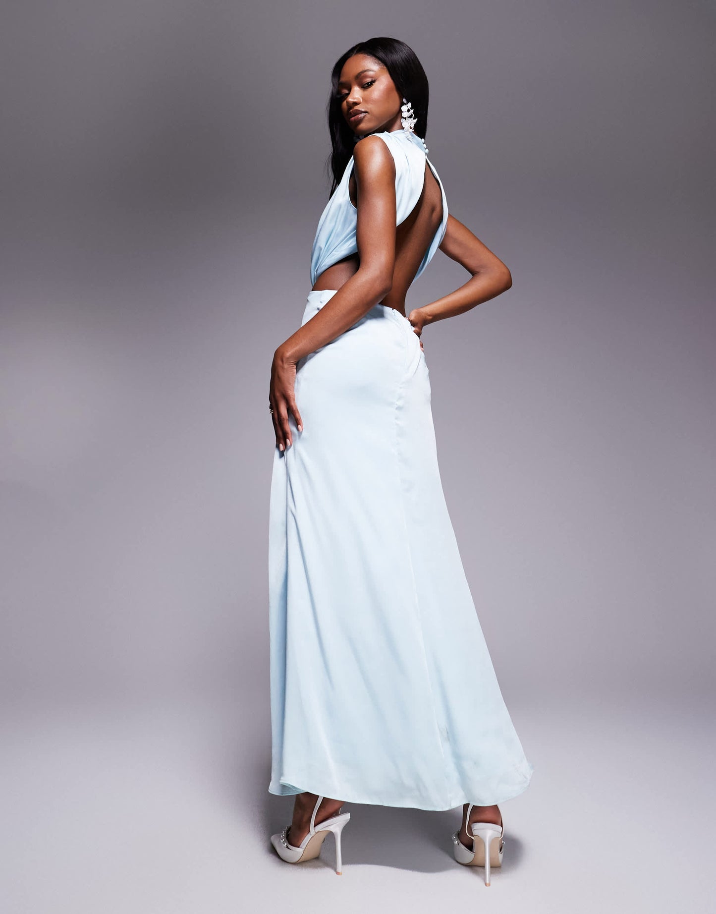 Bardot open back high neck maxi dress in aqua