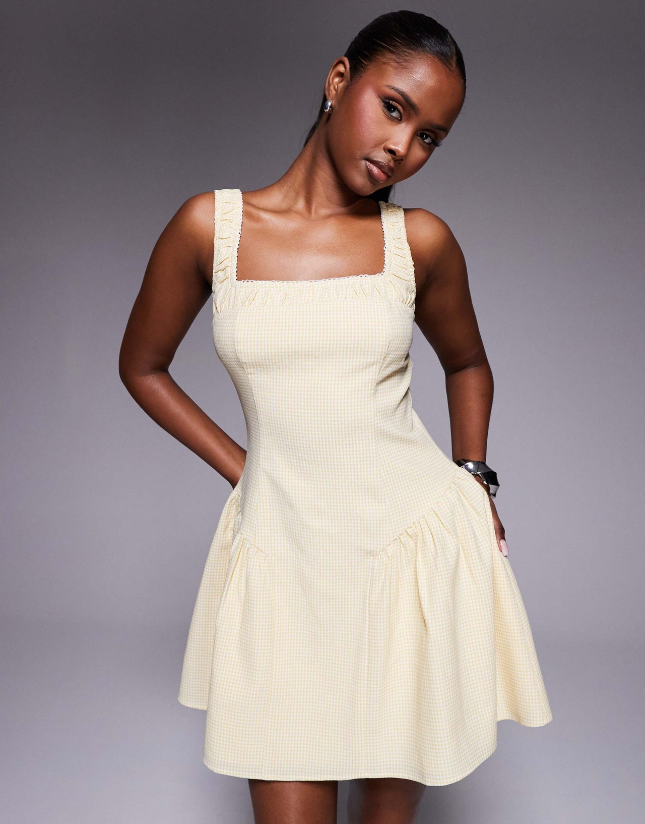 Kaiia exclusive square neck ruched lace trim hip pleat detail mini dress in yellow gingham