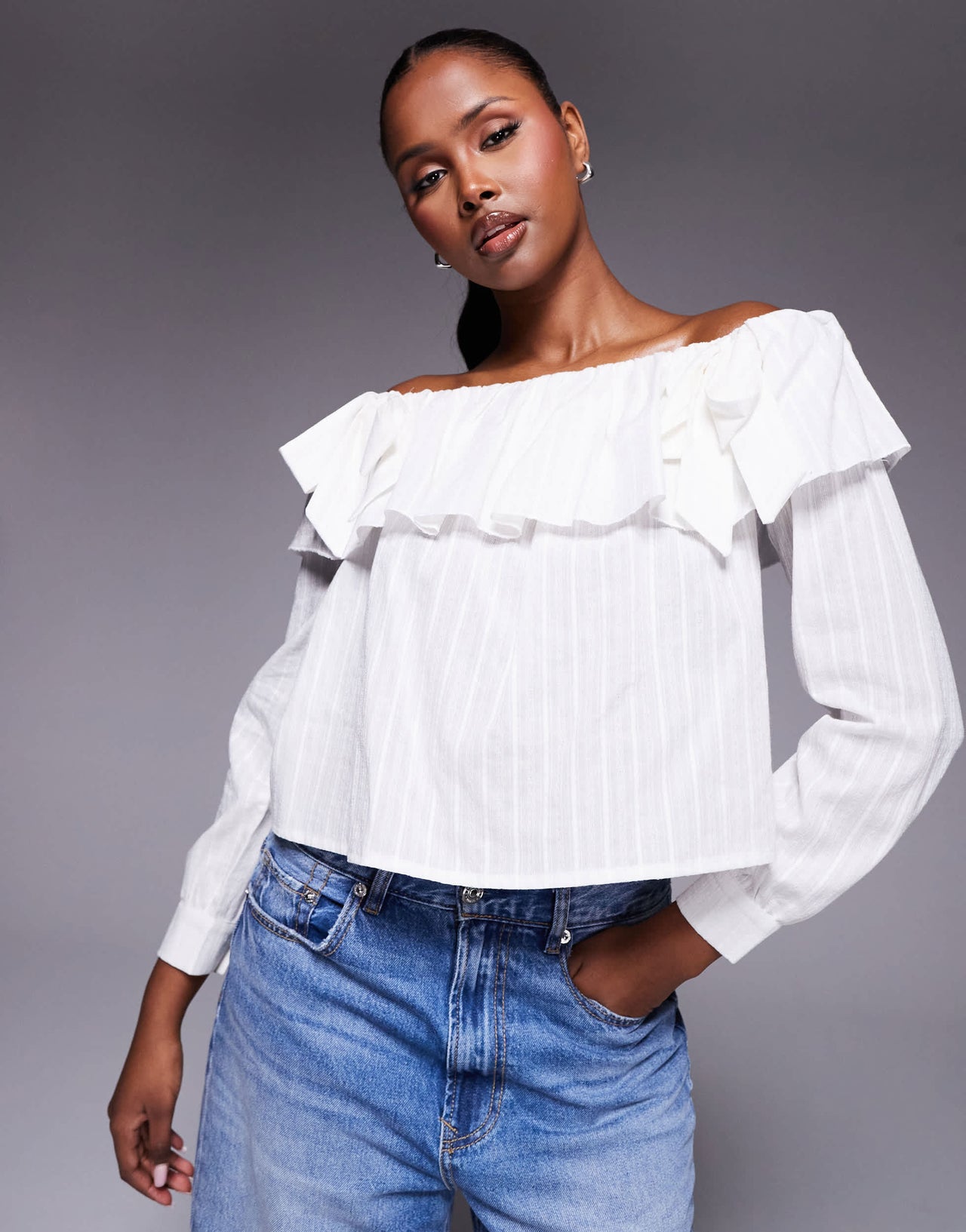 Kaiia exclusive cotton blend bardot ruffle foldover bow detail long sleeve top in textured white stripe