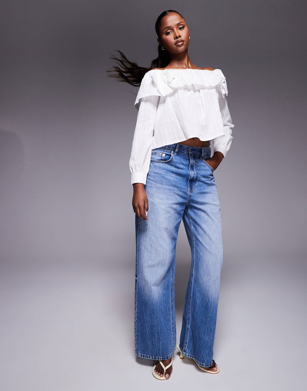 Kaiia exclusive cotton blend bardot ruffle foldover bow detail long sleeve top in textured white stripe