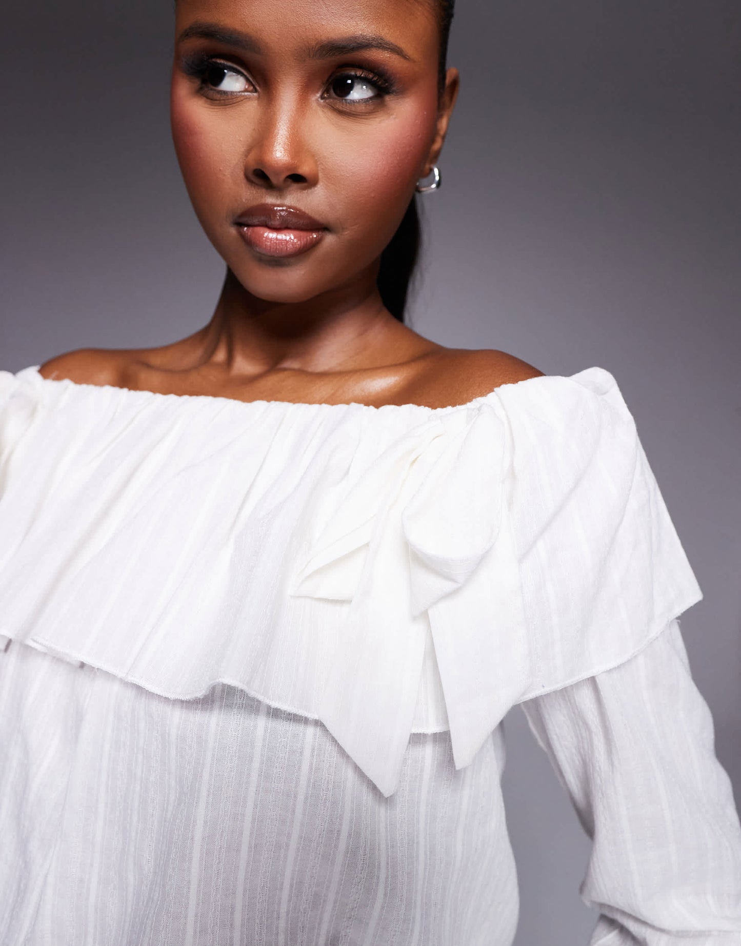 Kaiia exclusive cotton blend bardot ruffle foldover bow detail long sleeve top in textured white stripe