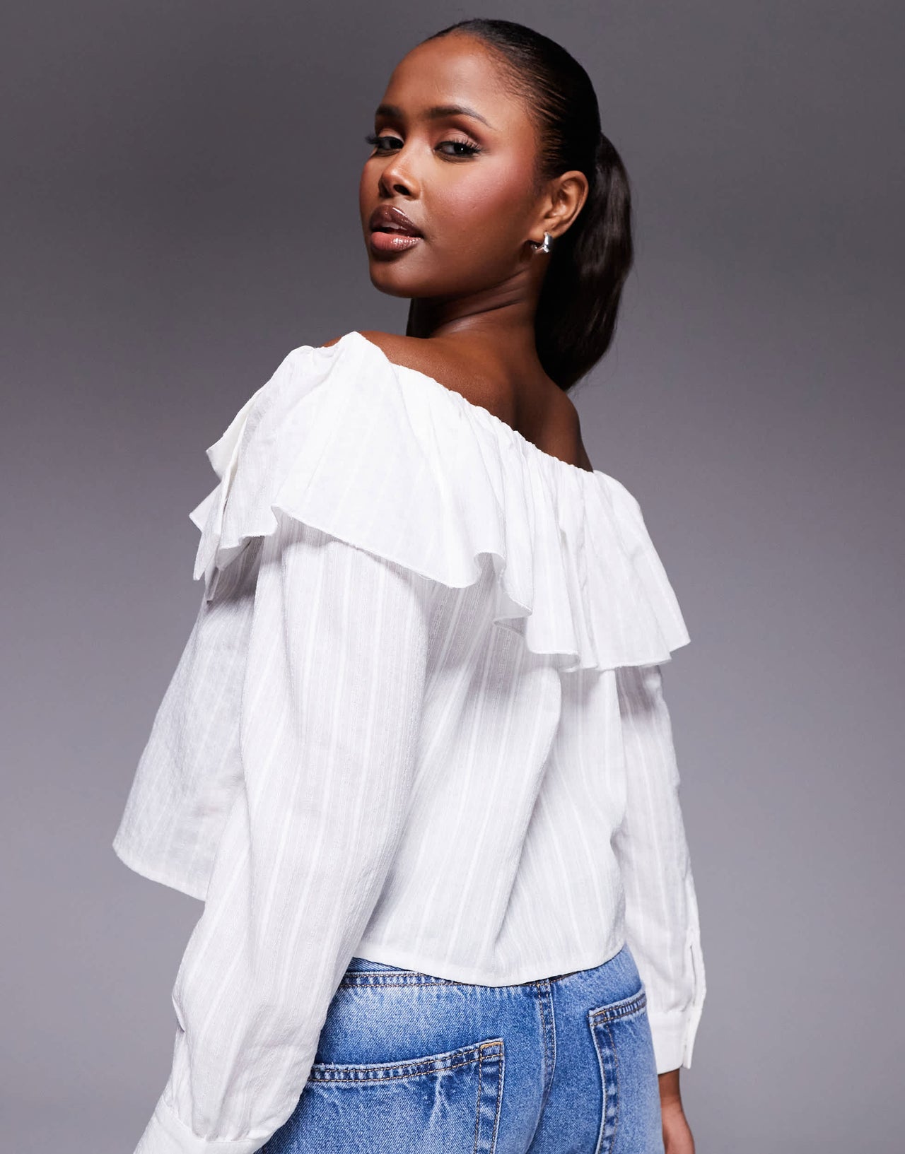 Kaiia exclusive cotton blend bardot ruffle foldover bow detail long sleeve top in textured white stripe