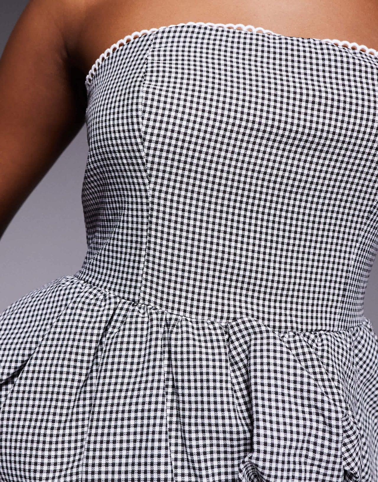 Kaiia exclusive lace trim puffball bandeau top in black gingham