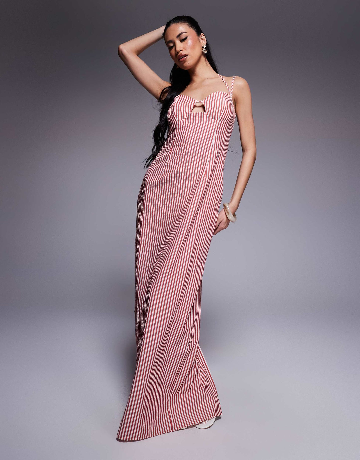 Kaiia exclusive cotton rich structured keyhole cutout detail halterneck maxi dress in red and white seersucker stripe