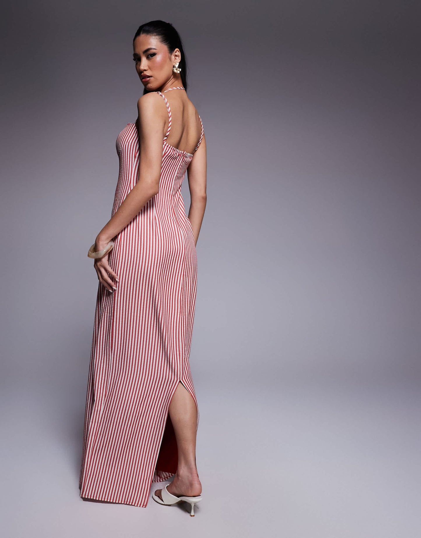 Kaiia exclusive cotton rich structured keyhole cutout detail halterneck maxi dress in red and white seersucker stripe