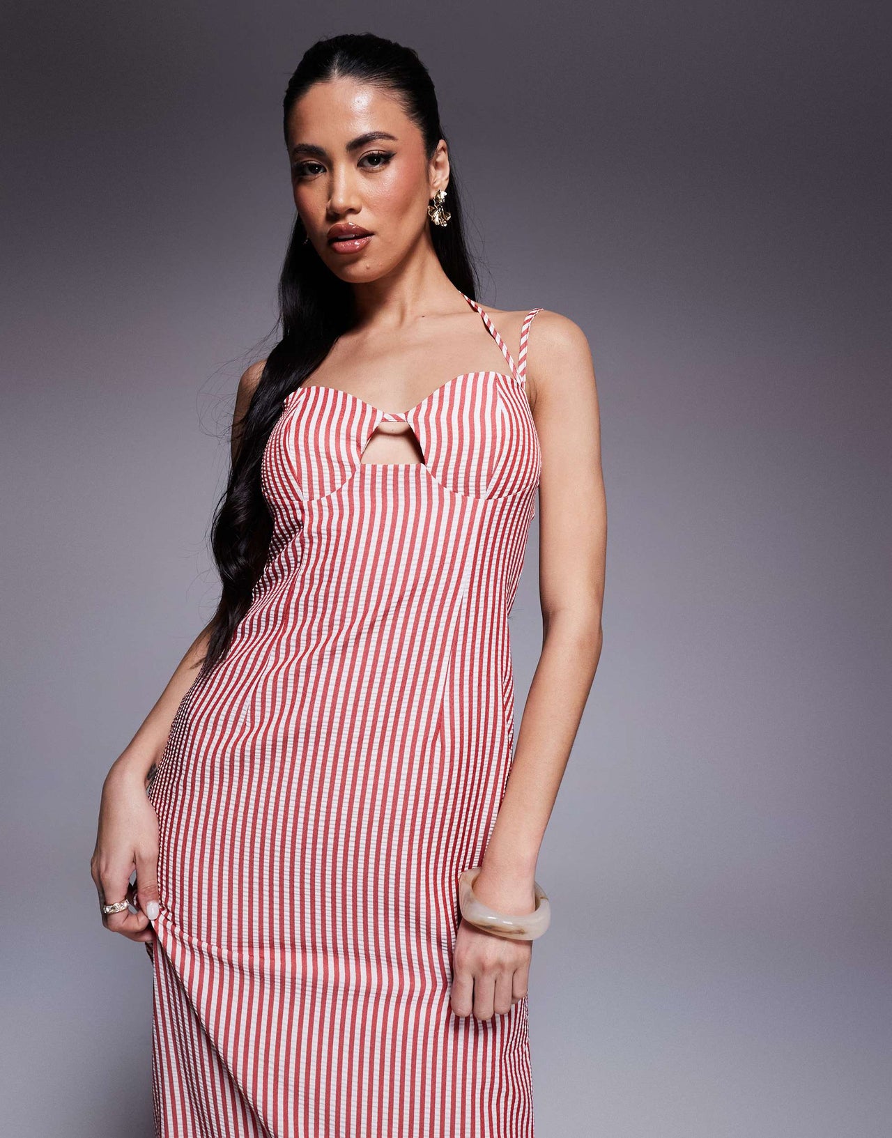 Kaiia exclusive cotton rich structured keyhole cutout detail halterneck maxi dress in red and white seersucker stripe
