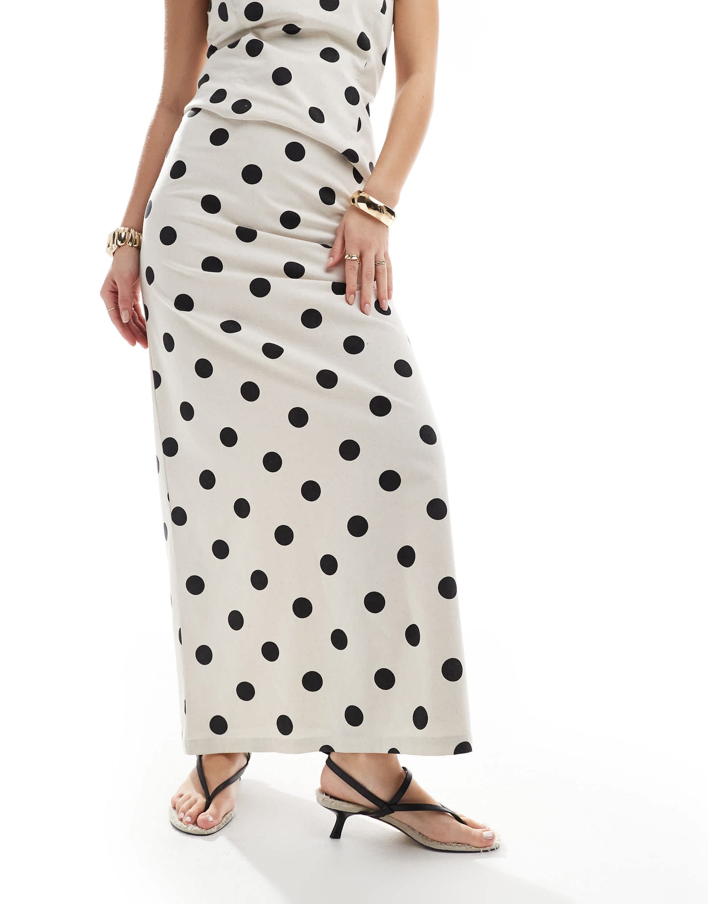 4th & Reckless linen look maxi skirt co-ord in cream polka dot