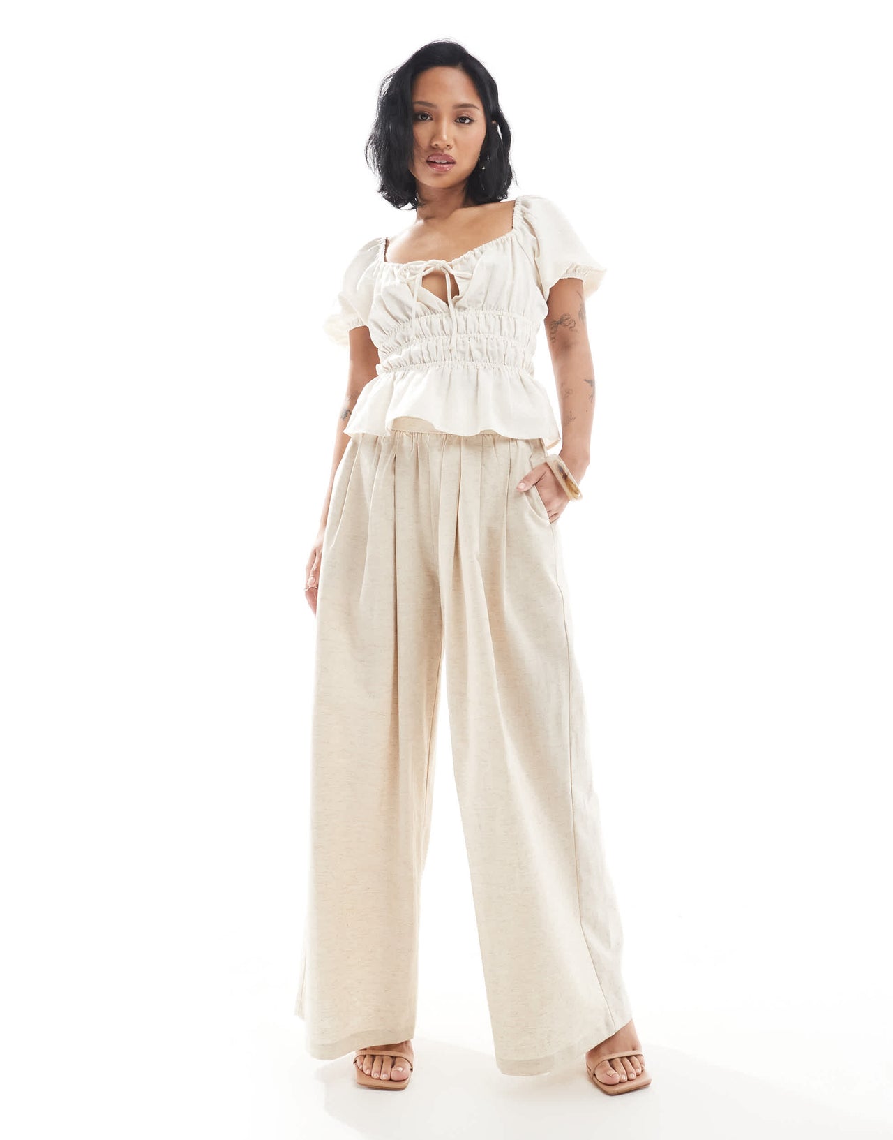 4th & Reckless Petite exclusive linen blend tailored ruched waistband wide leg trousers in beige