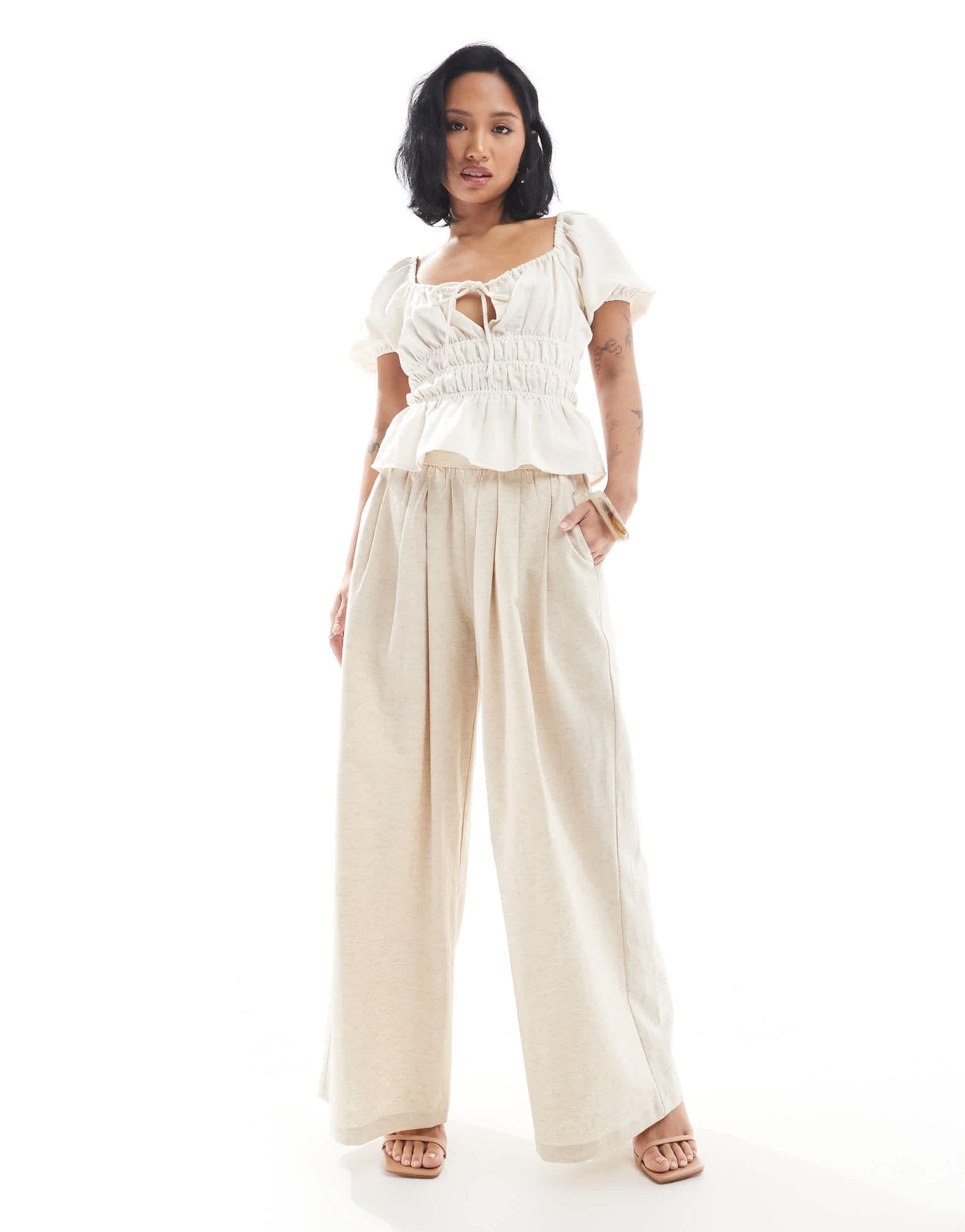 4th & Reckless Petite exclusive linen blend tailored ruched waistband wide leg trousers in beige