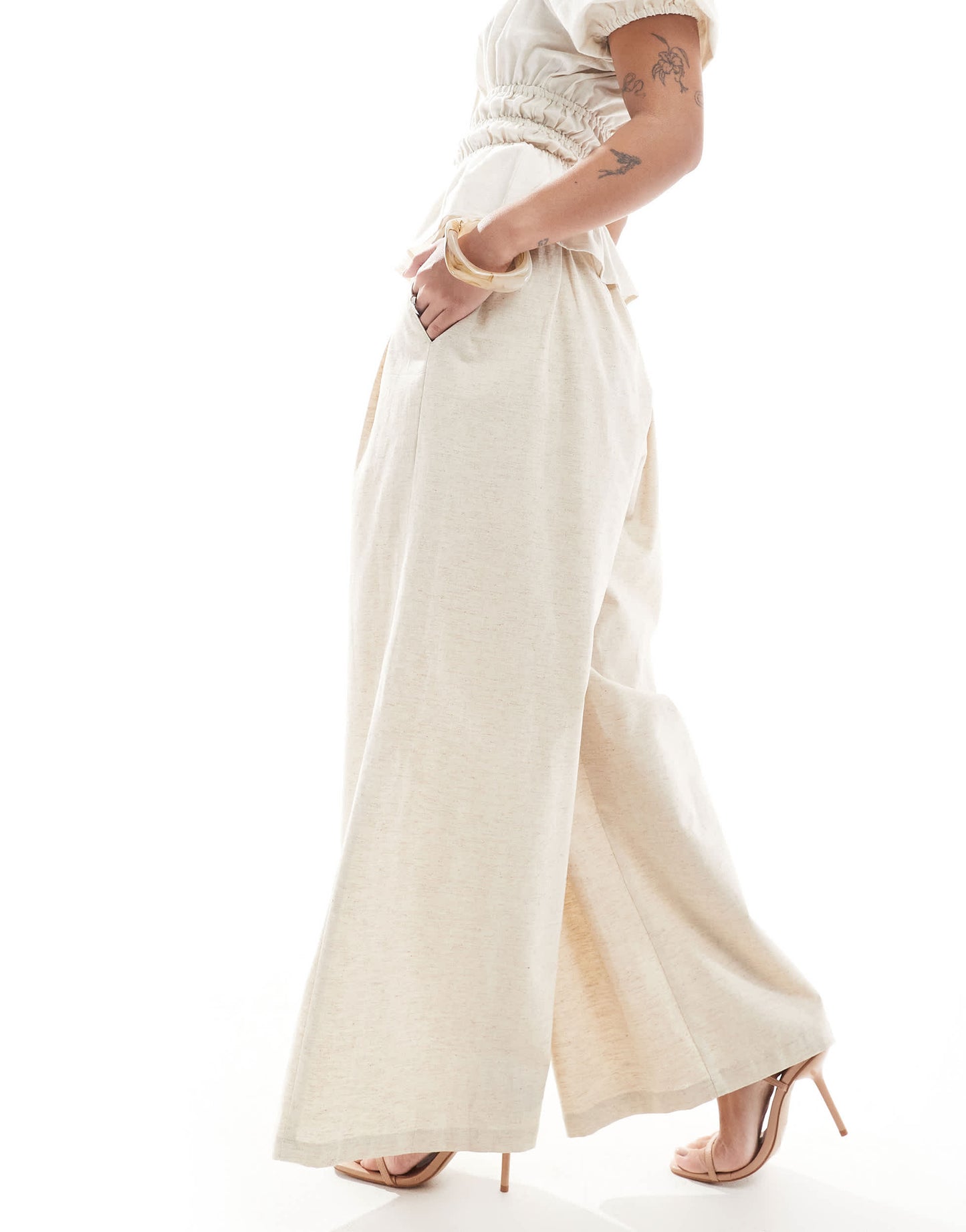 4th & Reckless Petite exclusive linen blend tailored ruched waistband wide leg trousers in beige