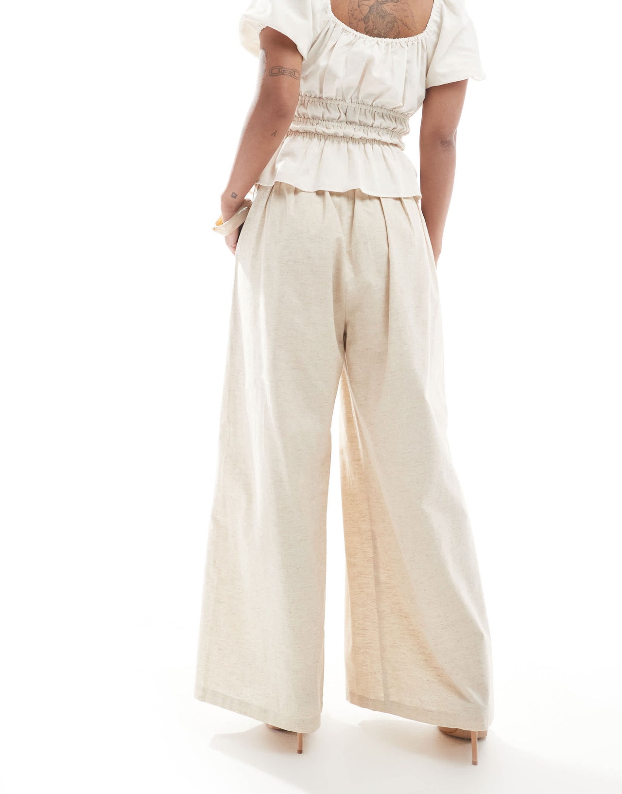 4th & Reckless Petite exclusive linen blend tailored ruched waistband wide leg trousers in beige