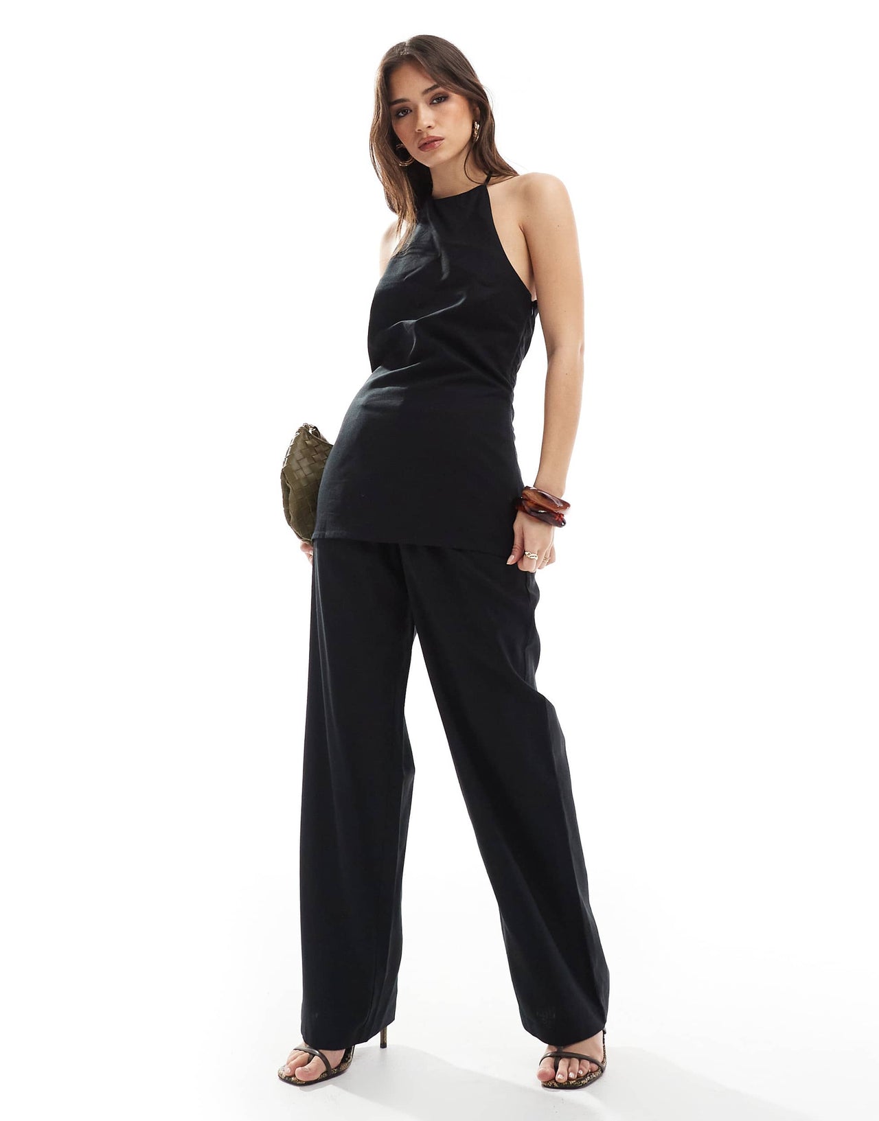 4th & Reckless linen blend halterneck low back top co-ord in black