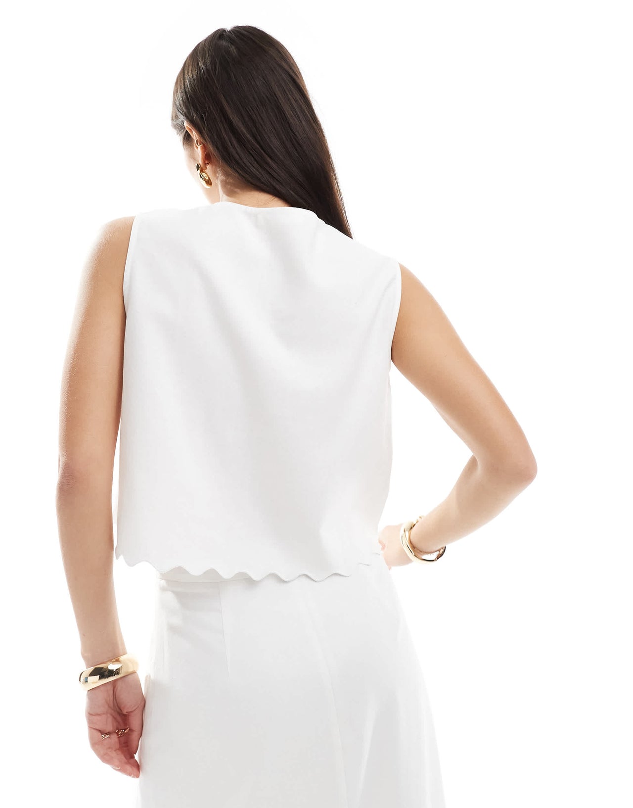 4th & Reckless linen blend cropped scallop edge tie front embroidered waistcoat co-ord in white