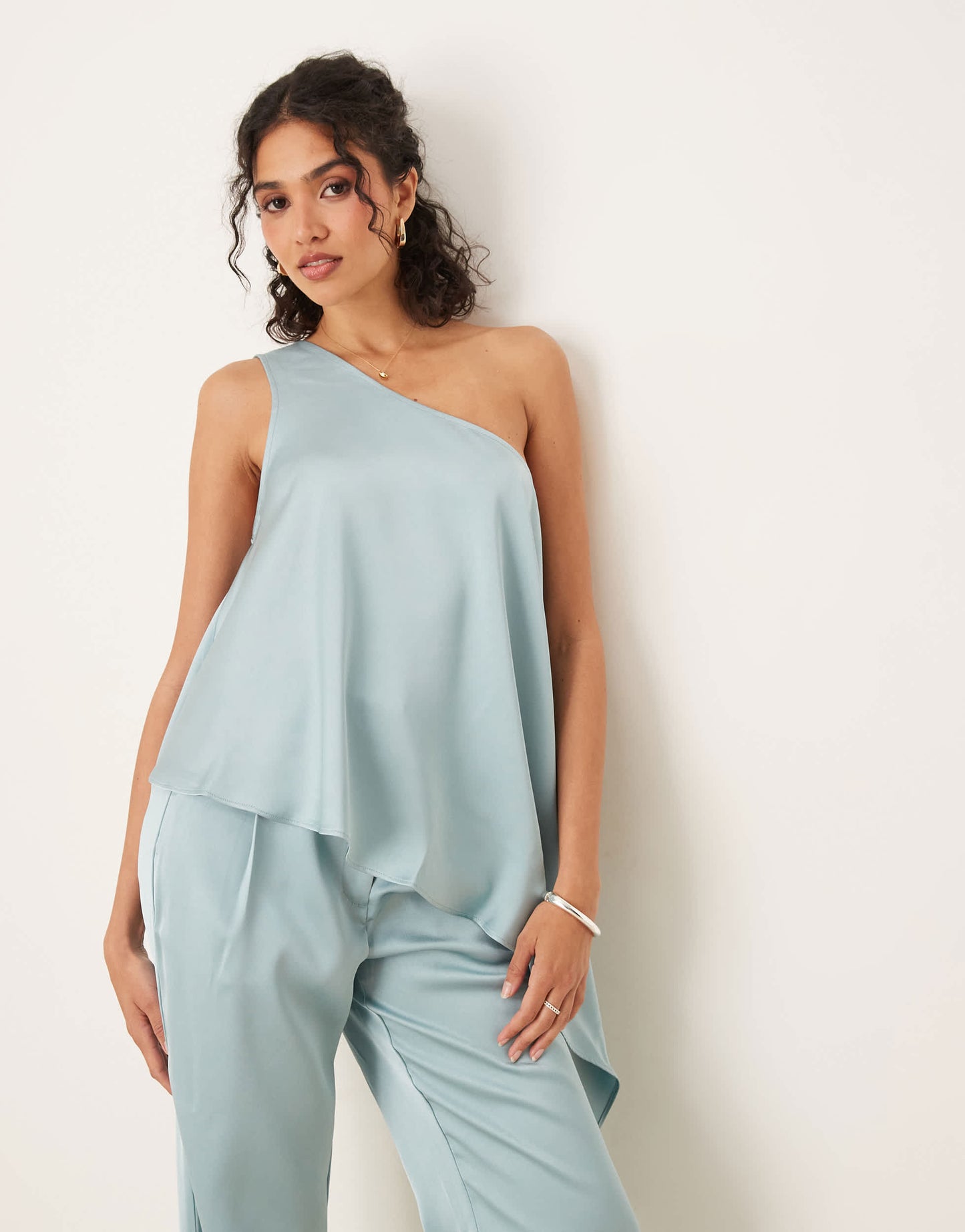 ASOS DESIGN tailored one shoulder drape top co-ord in light blue