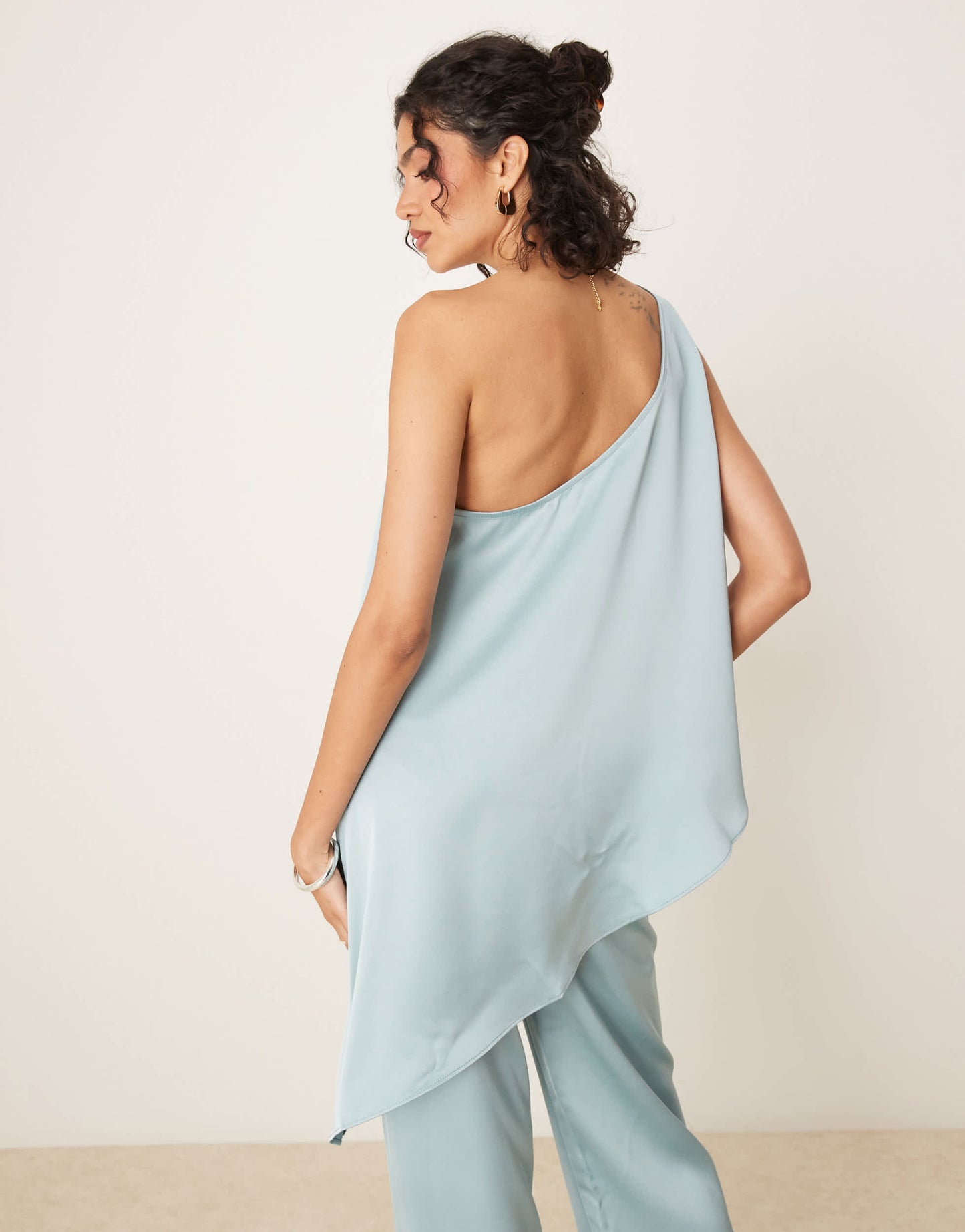 ASOS DESIGN tailored one shoulder drape top co-ord in light blue
