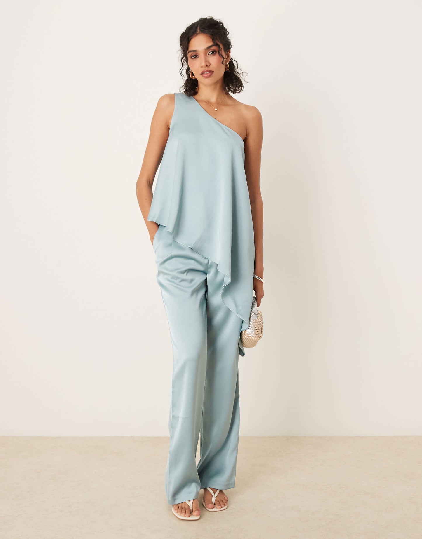 ASOS DESIGN tailored one shoulder drape top co-ord in light blue