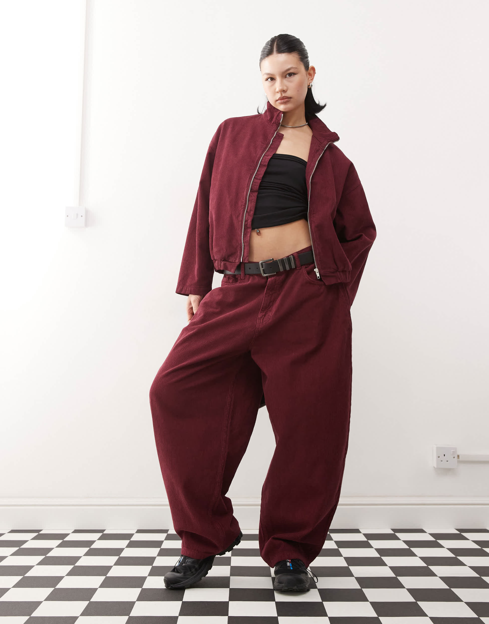 Reclaimed Vintage cord barrel leg jean co-ord in burgundy