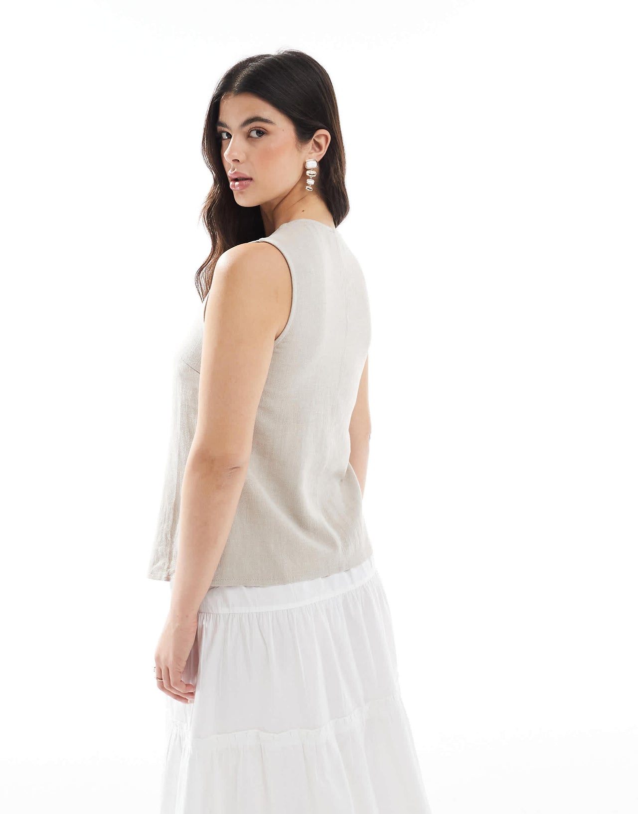 ASOS DESIGN linen look asymmetric button front waistcoat in stone