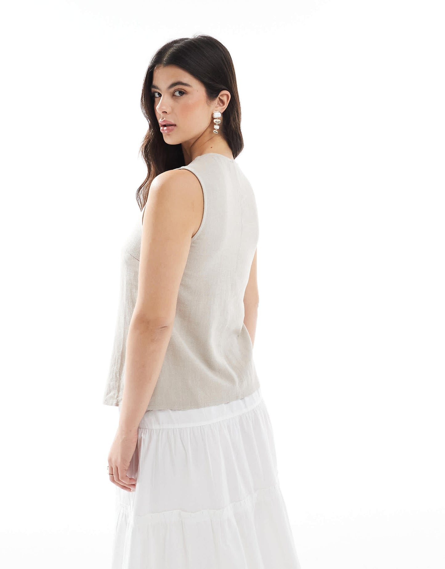 ASOS DESIGN linen look asymmetric button front waistcoat in stone
