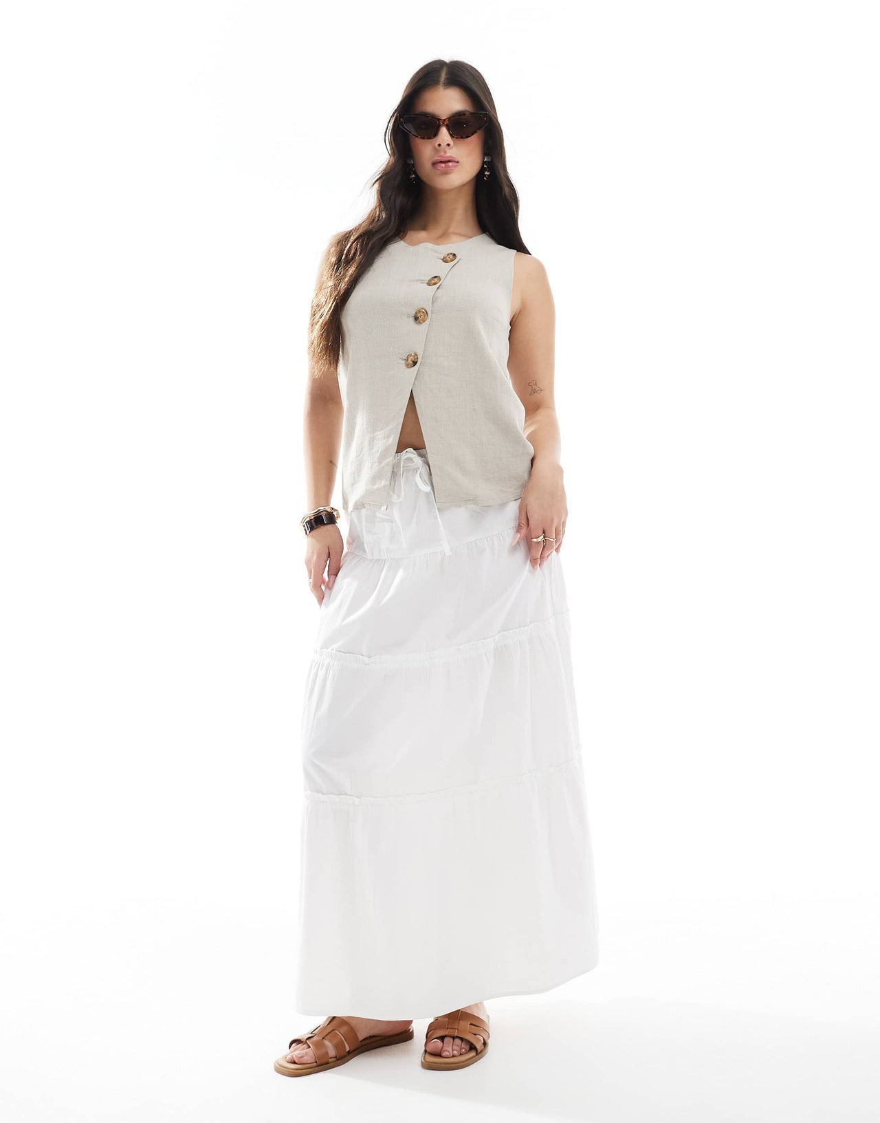 ASOS DESIGN linen look asymmetric button front waistcoat in stone