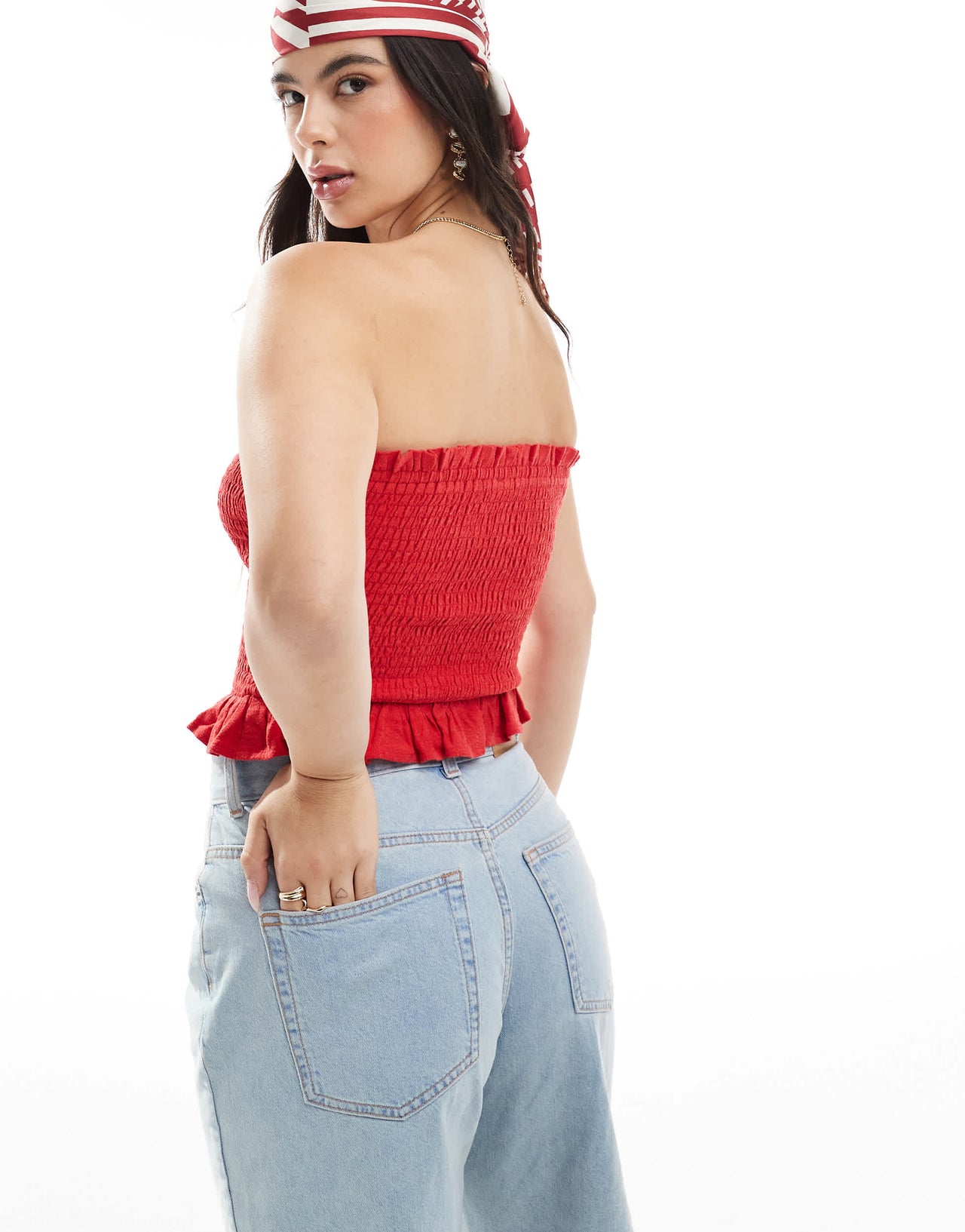 ASOS DESIGN shirred bandeau top in linen blend in red