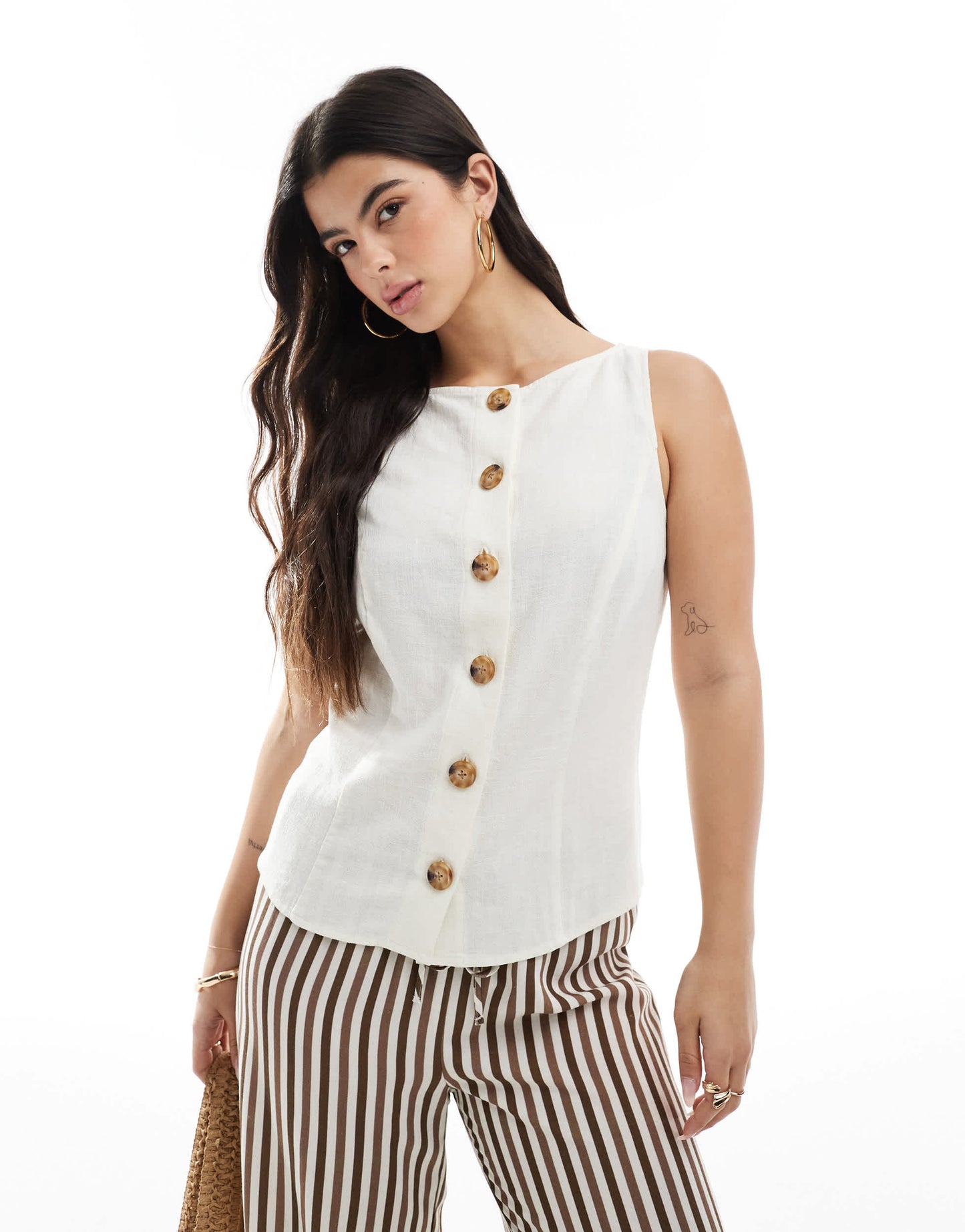 ASOS DESIGN linen look button front waistcoat in white