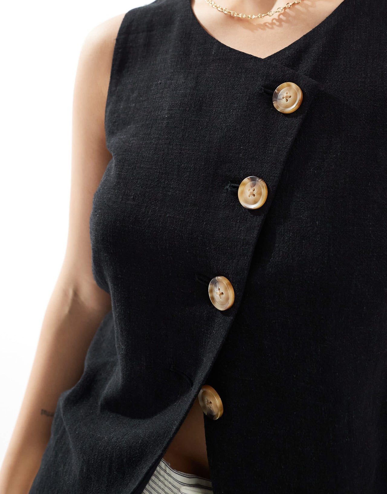 ASOS DESIGN linen look asymmetric button front waistcoat in black