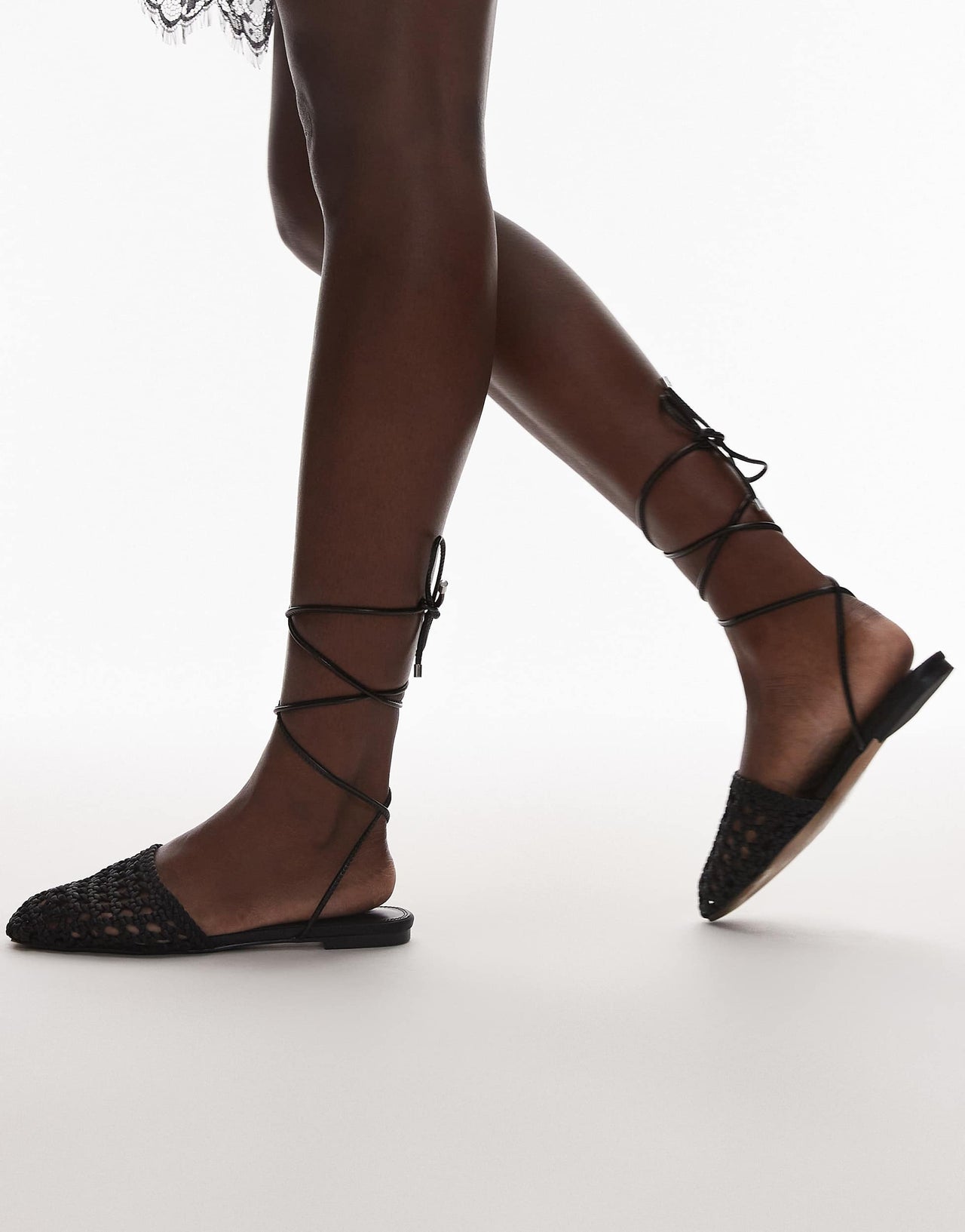 Topshop Arri woven tie up flat shoe in black