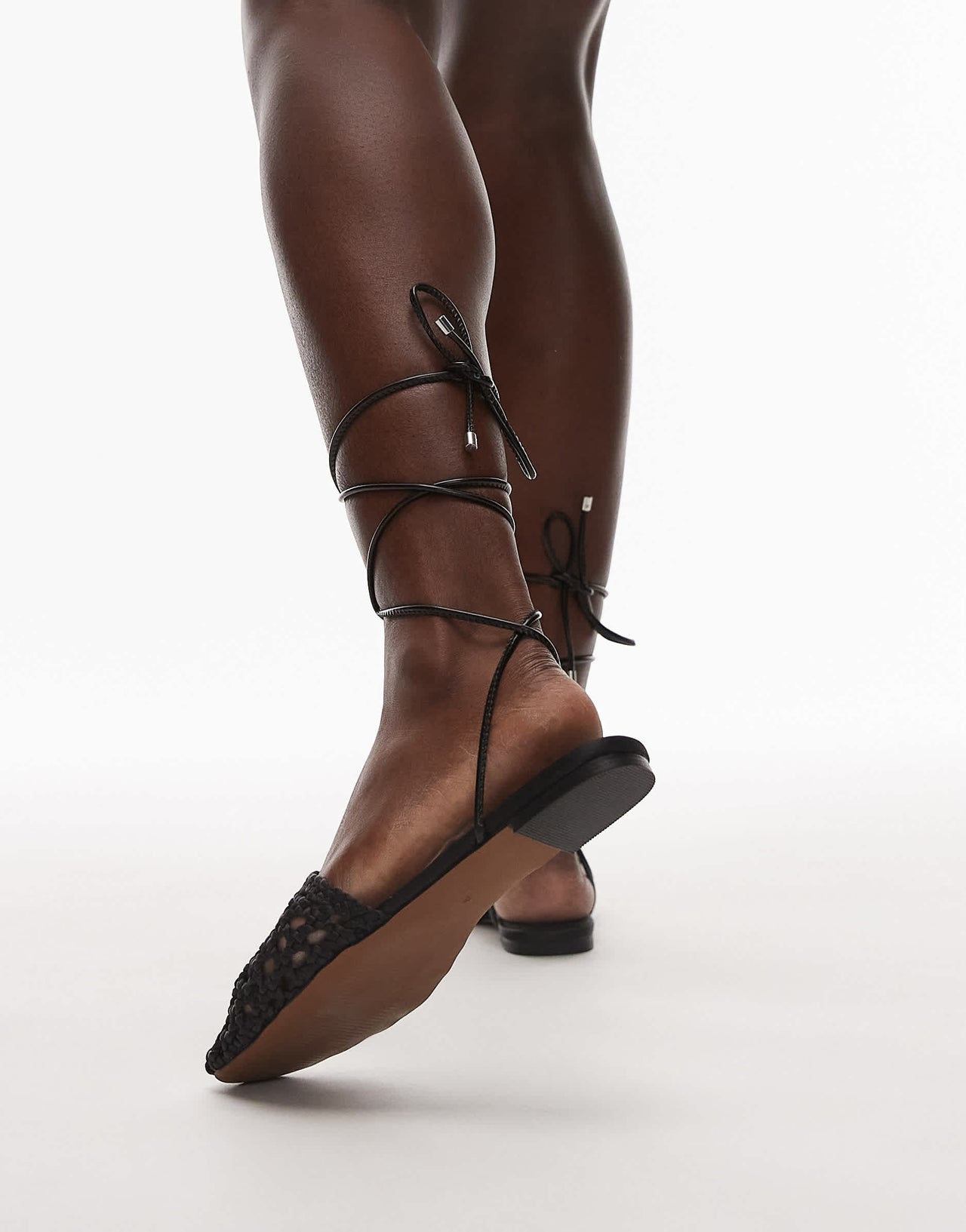Topshop Arri woven tie up flat shoe in black