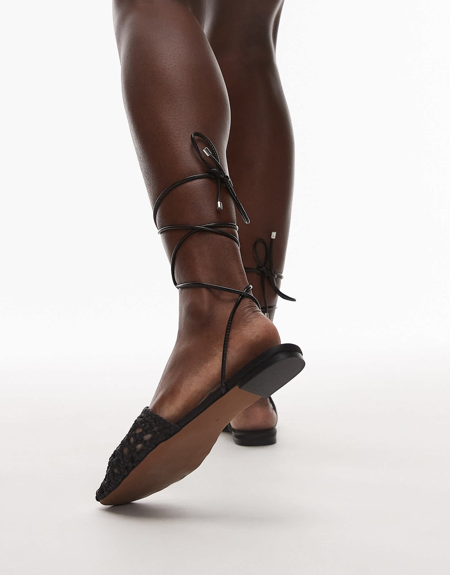 Topshop Arri woven tie up flat shoe in black