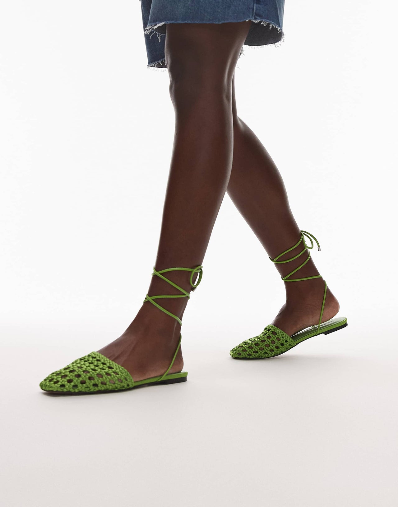 Topshop Arri woven tie up flat shoe in green