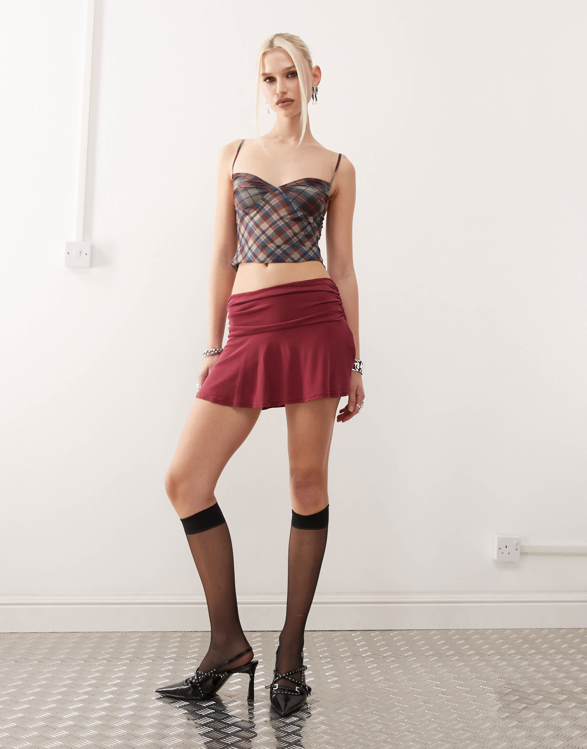 Motel delita cupro mini skirt in burgundy