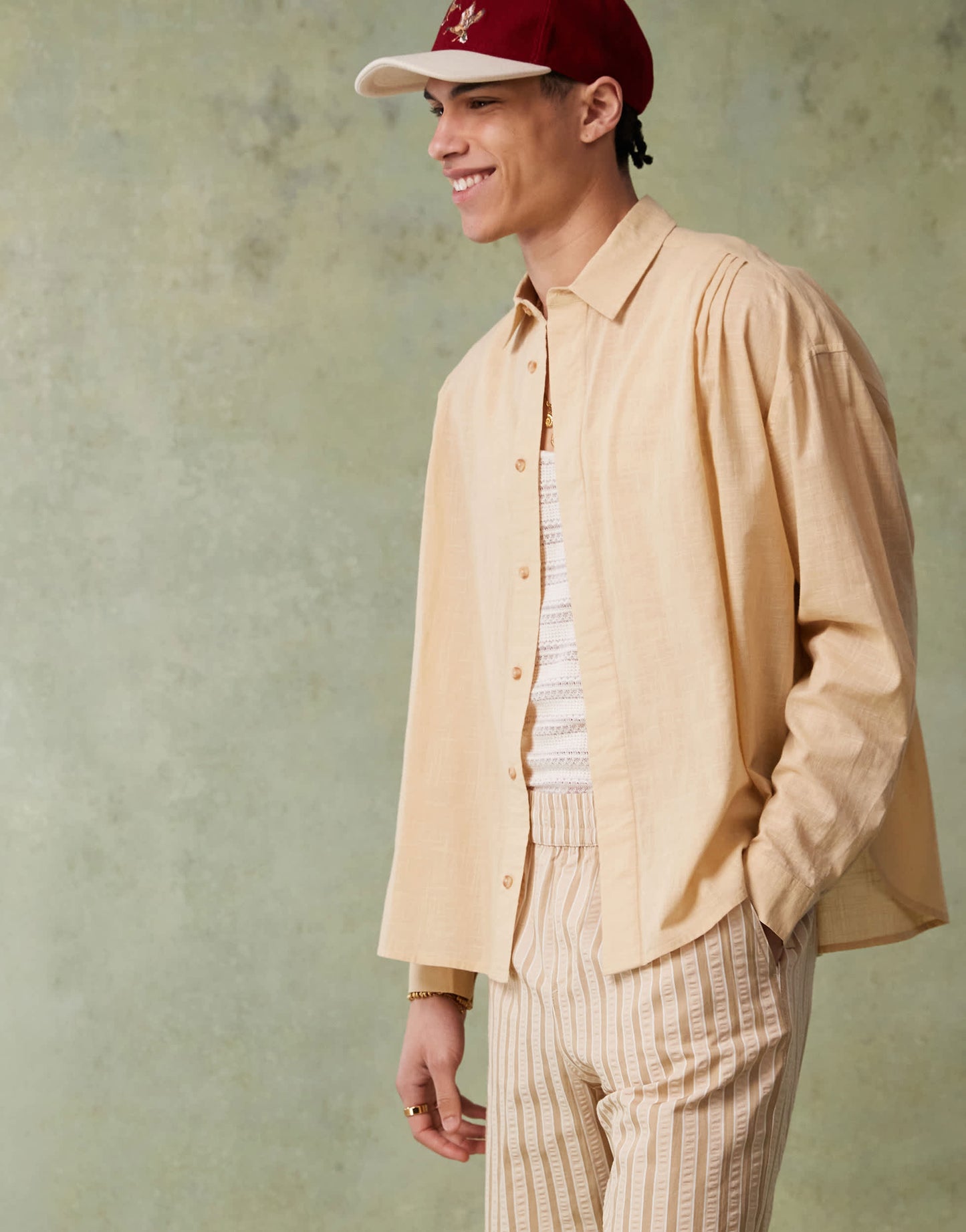 ASOS DESIGN volume oversized shirt with concealed buttons in stone