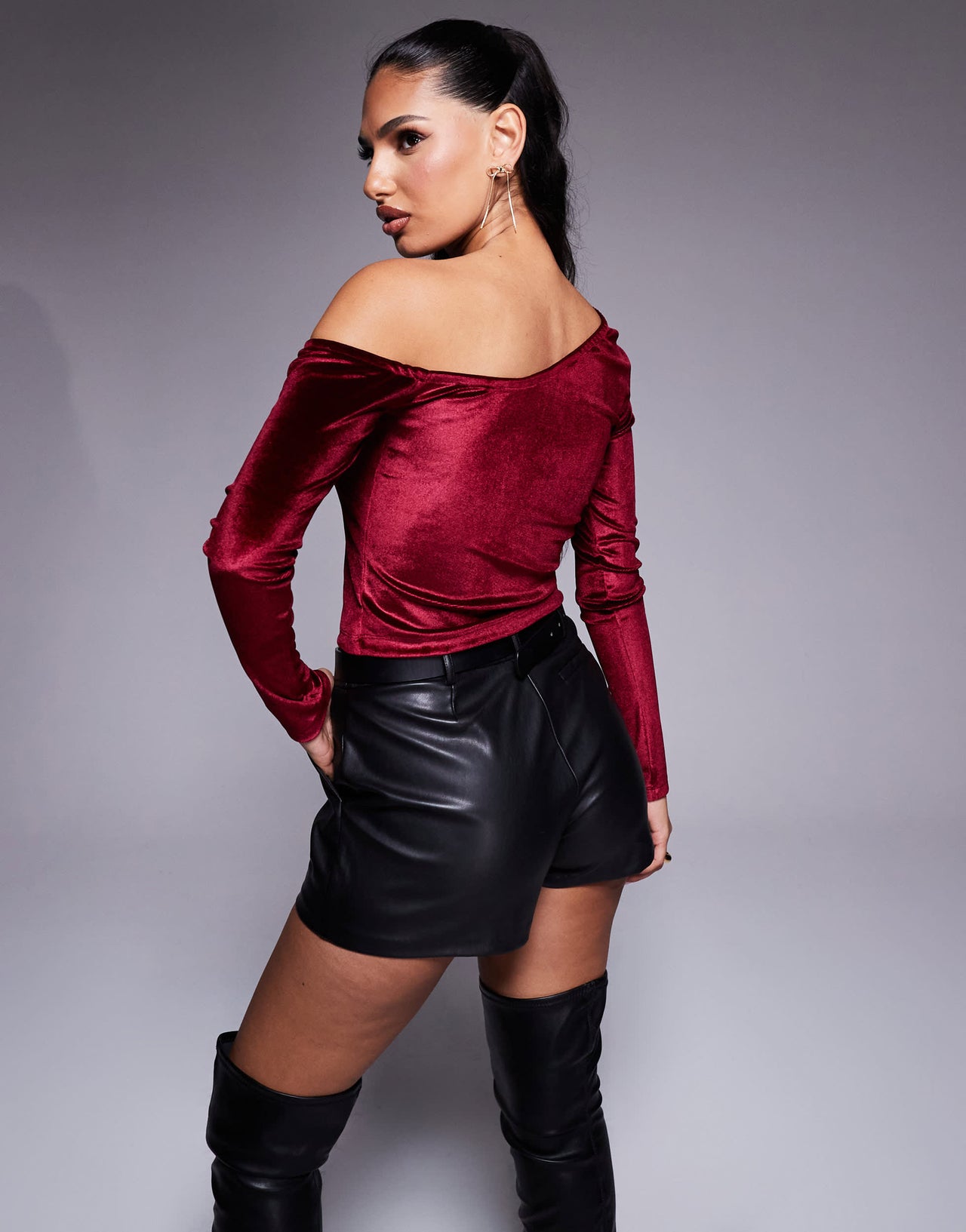 ASOS DESIGN asymmetric long sleeve velvet top in plum