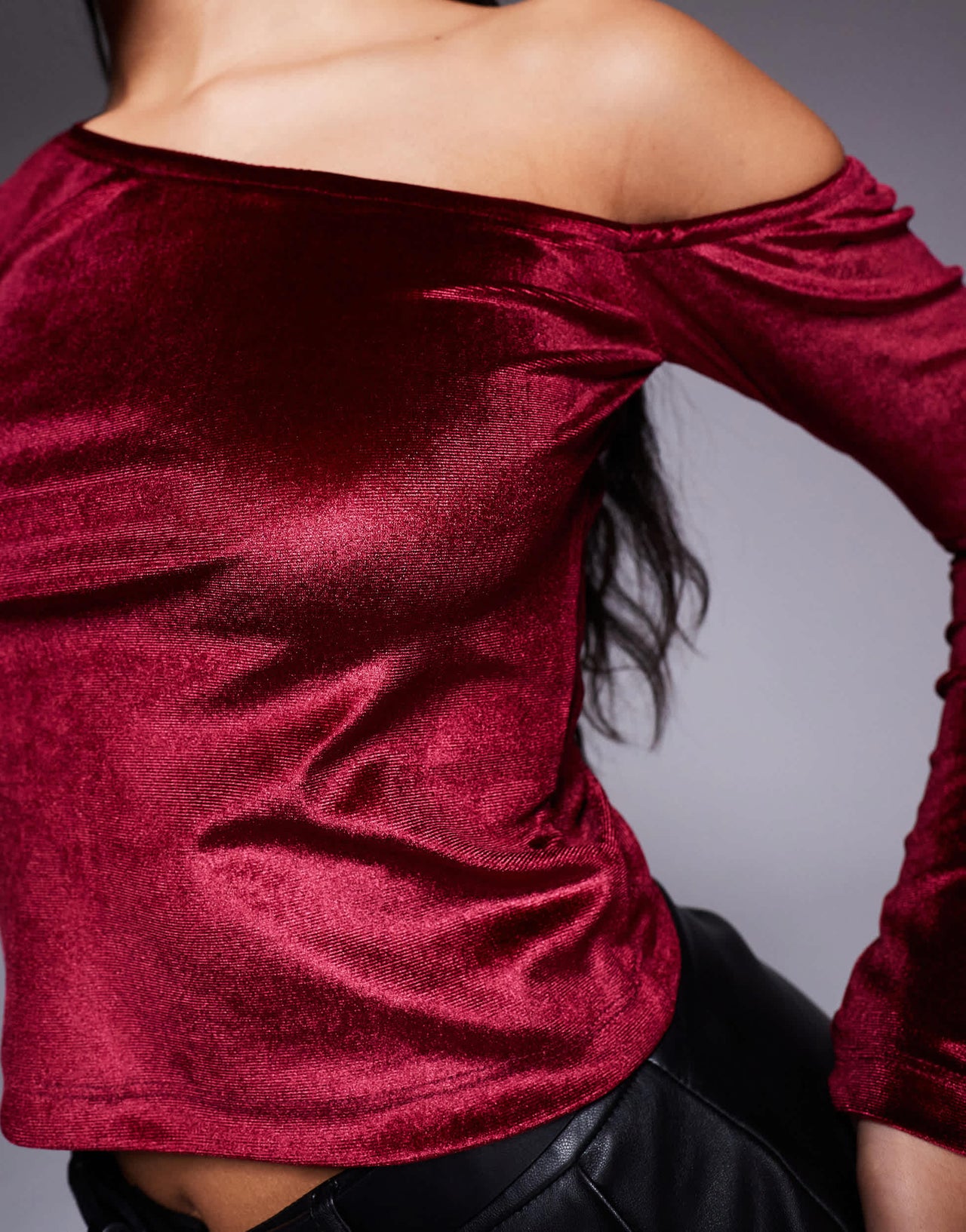 ASOS DESIGN asymmetric long sleeve velvet top in plum