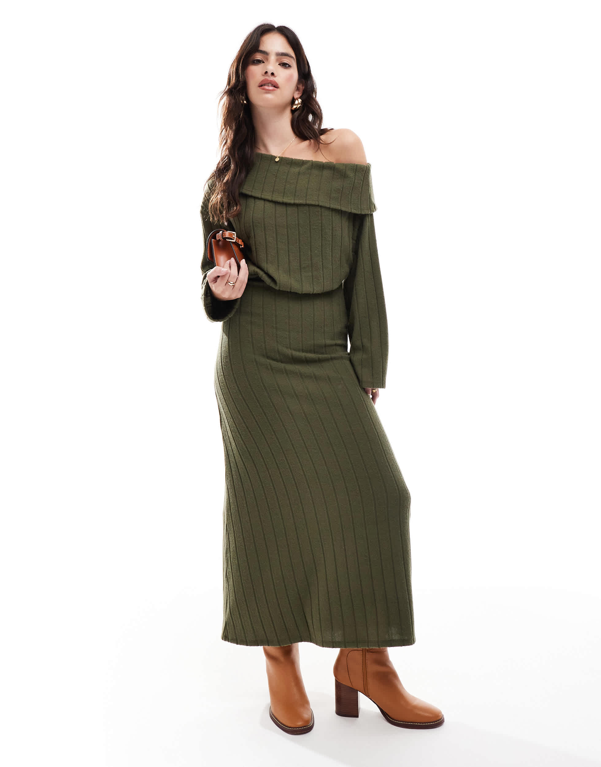 ASOS DESIGN fallen shoulder ribbed midi dress in khaki